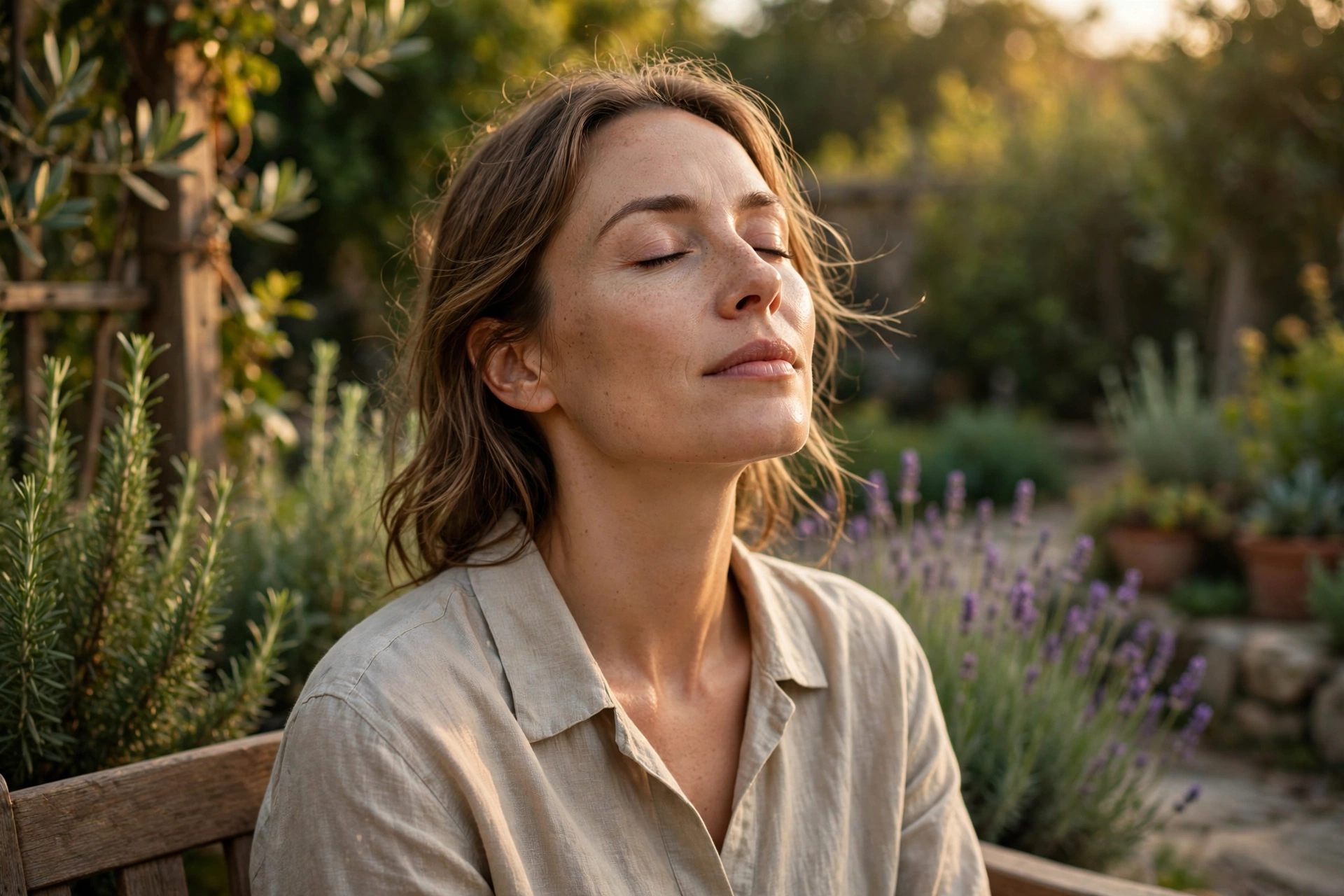 Woman practicing deep breathing outdoors to manage stress and support immune health