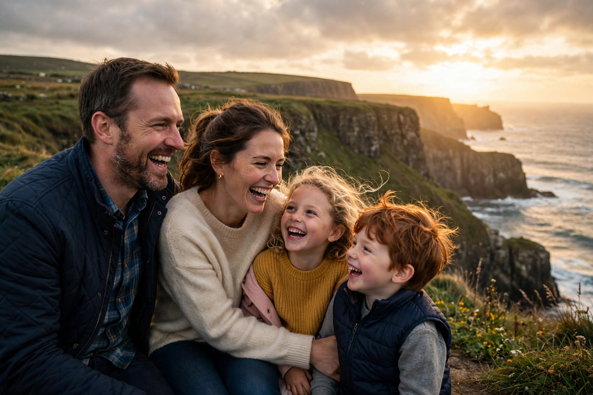 Family standing on Irish coastal cliffs at golden hour