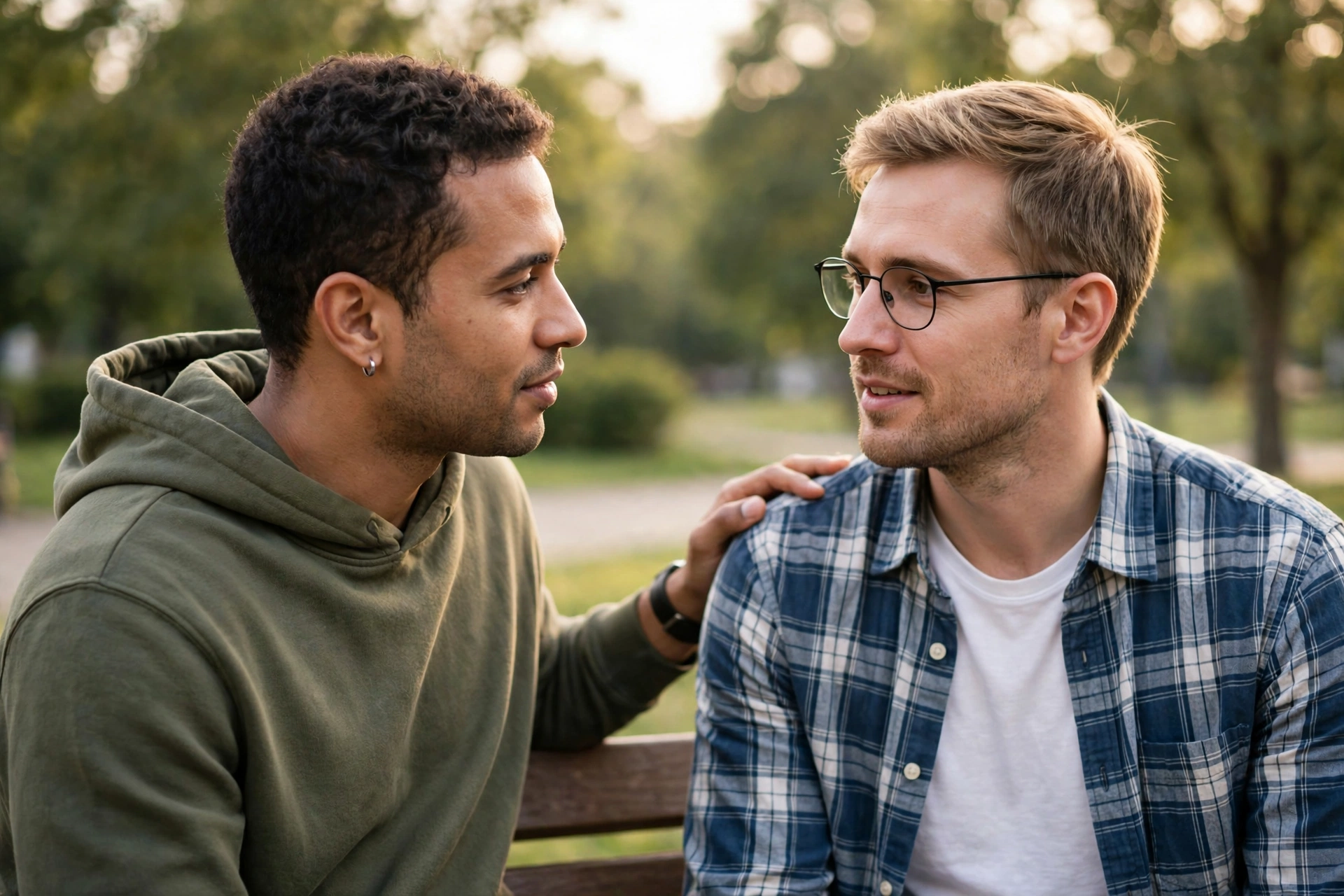 Two friends checking in with each other during men's mental health month