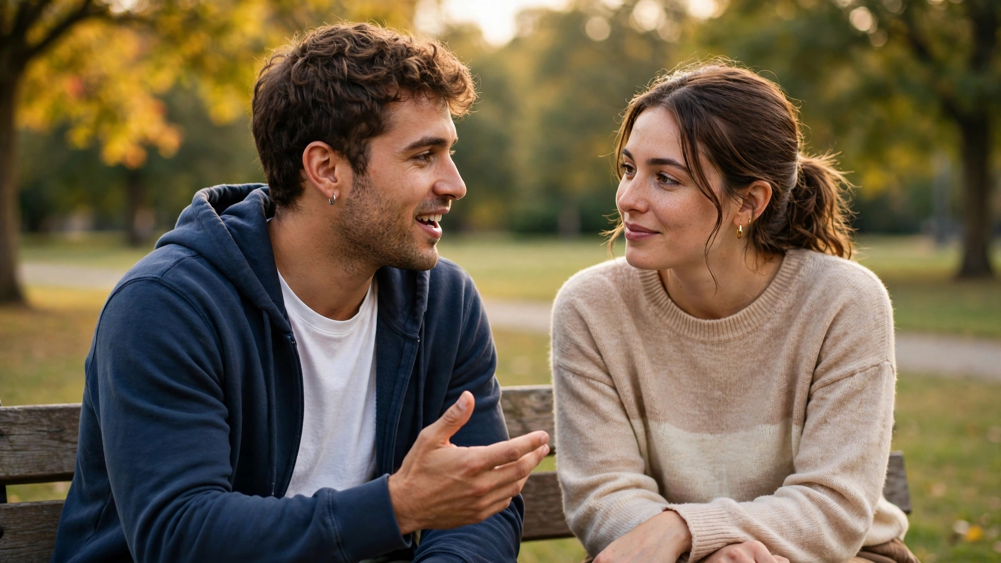 Two friends talking openly on a park bench, one listening with care