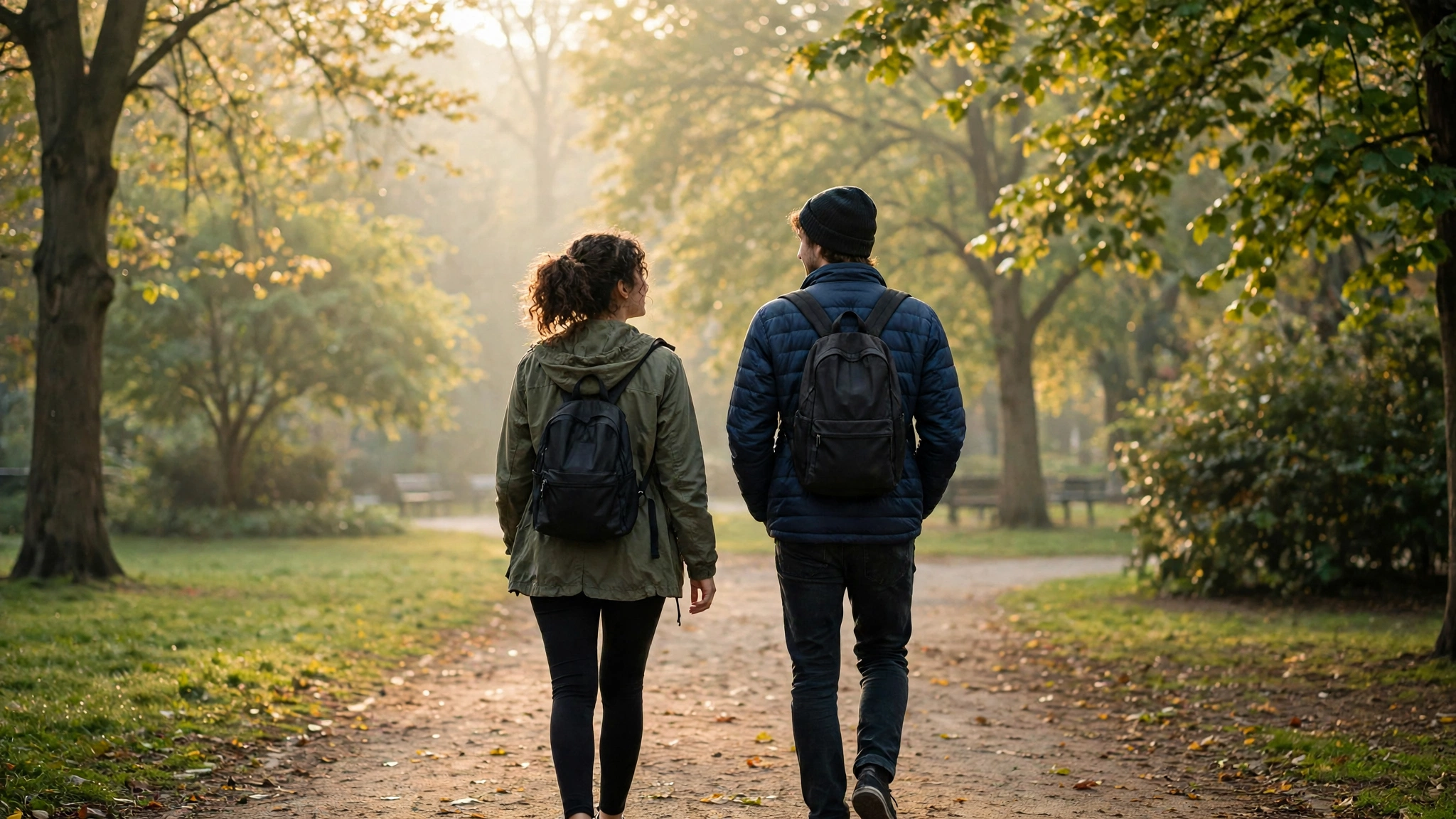 Two friends walking in soft morning light, a hopeful start to the day