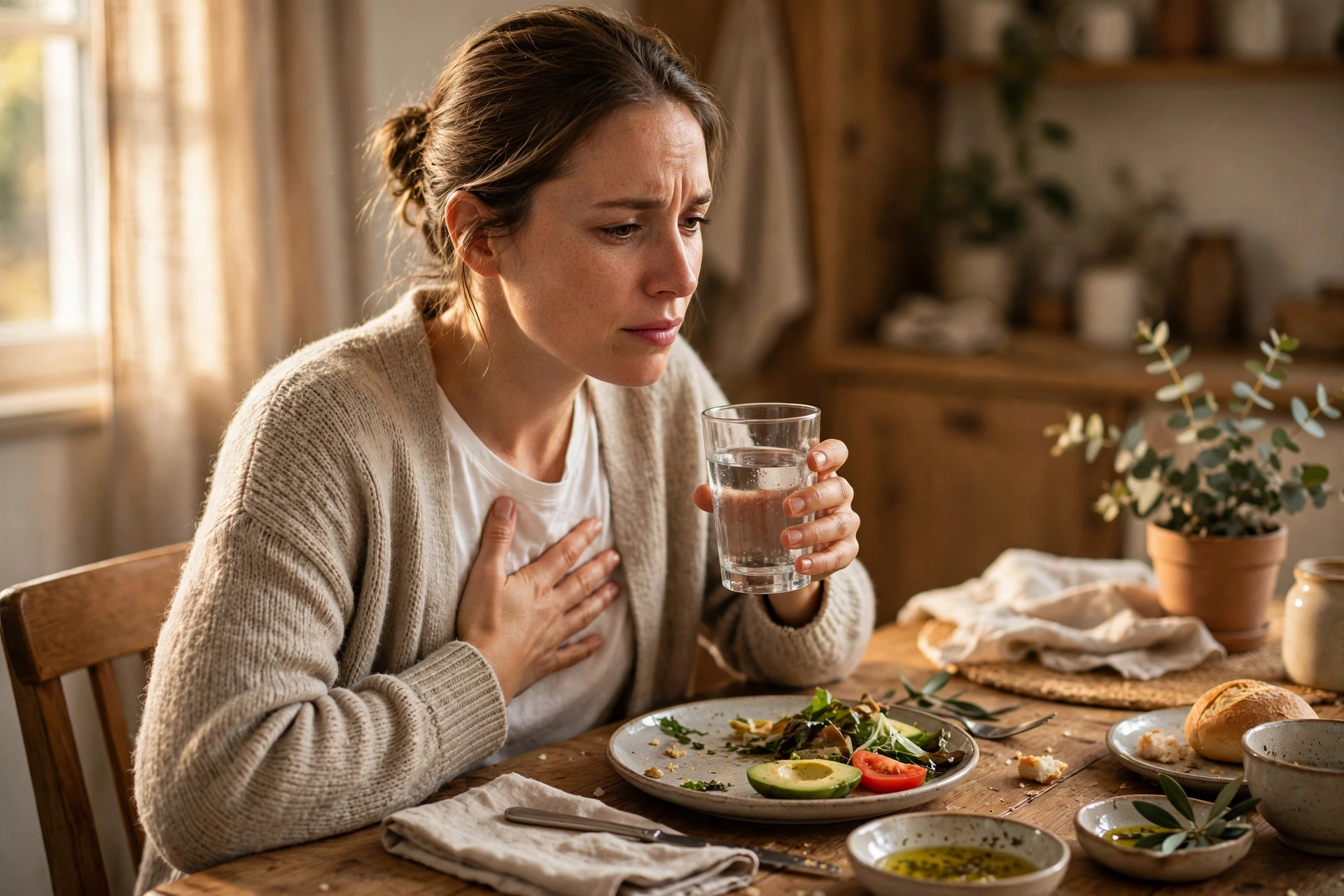 Woman experiencing GERD heartburn after eating a meal