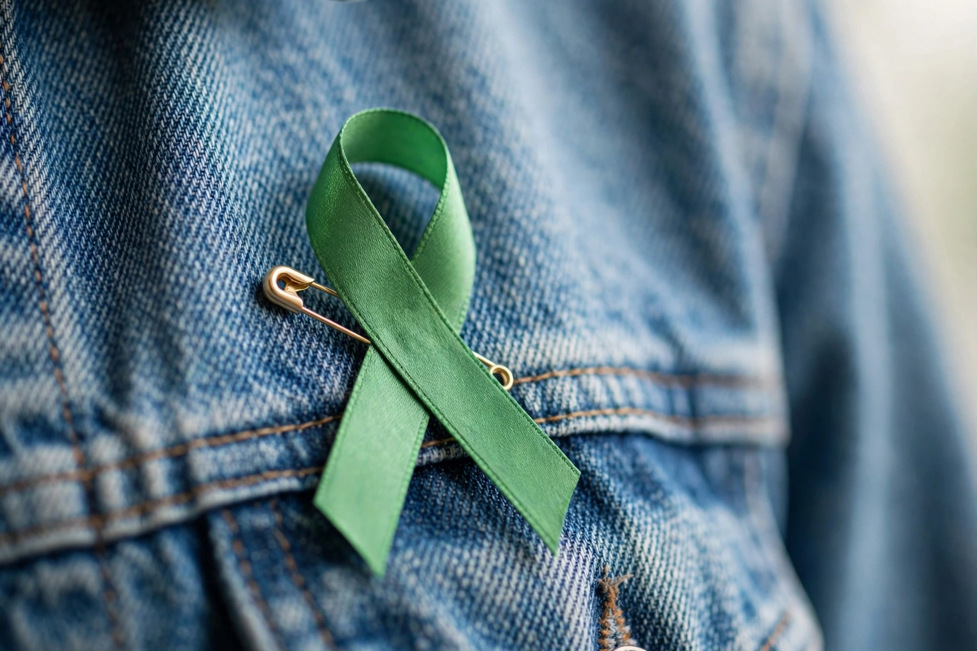 A green ribbon pinned to a jacket, the symbol of mental health awareness
