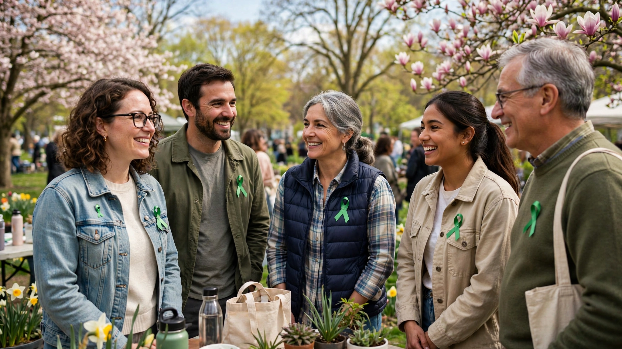 People wearing green ribbons at a Mental Health Awareness Month 2026 community event