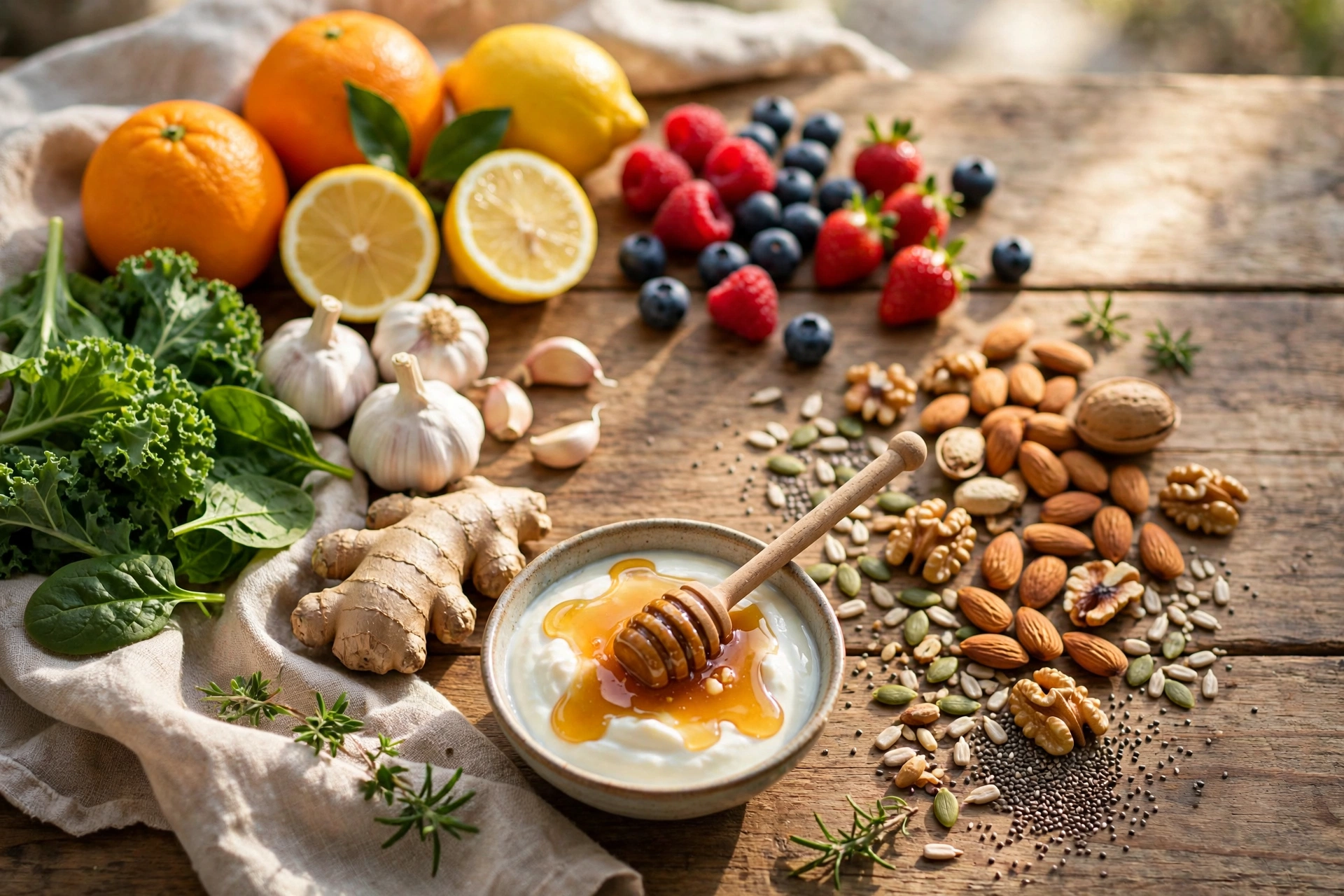 Colorful immune-supporting foods on a wooden table
