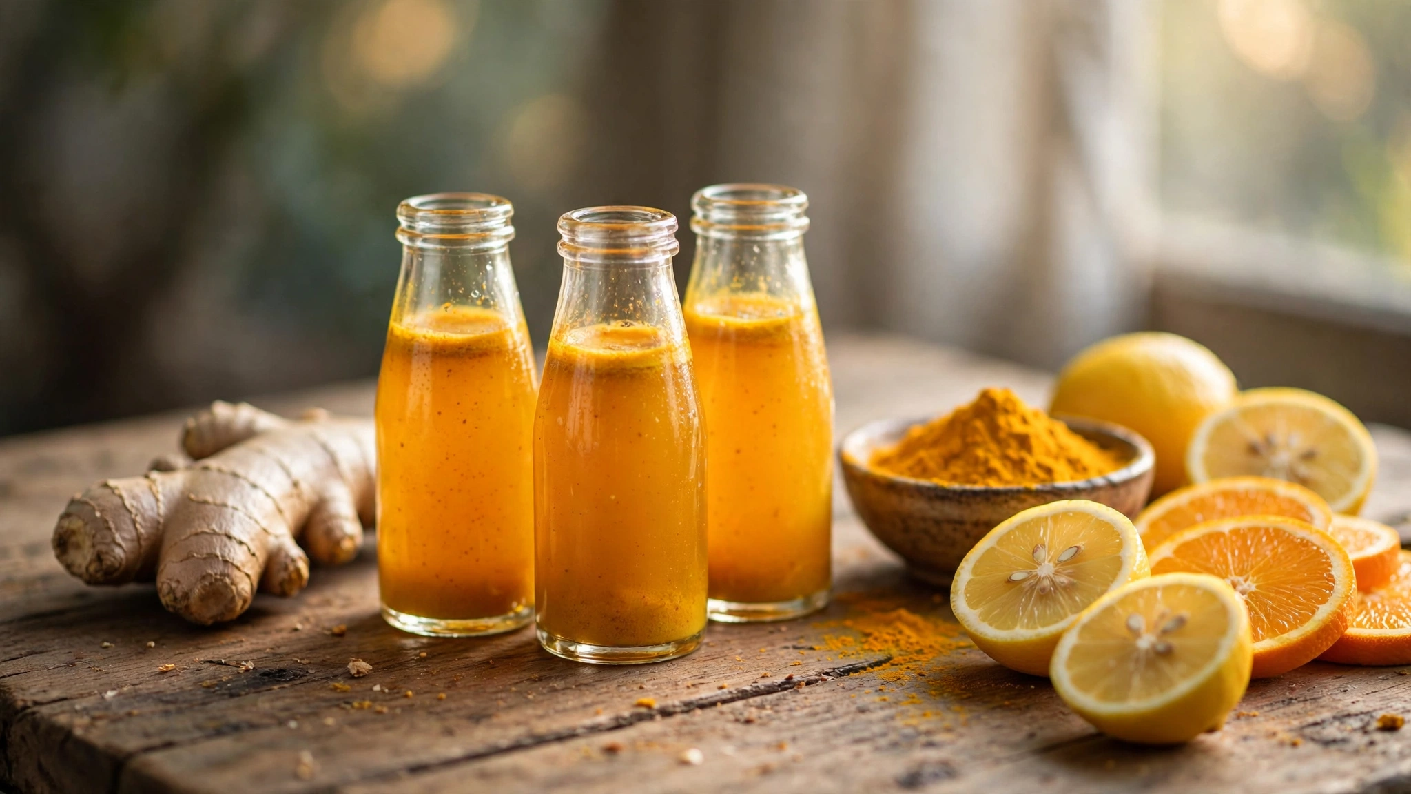 Glass bottles of golden ginger-turmeric immunity shots with fresh ingredients