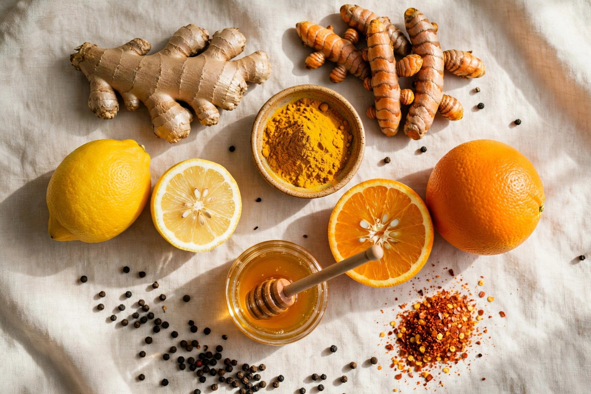 Flat lay of immunity shot ingredients: ginger, turmeric, citrus, honey