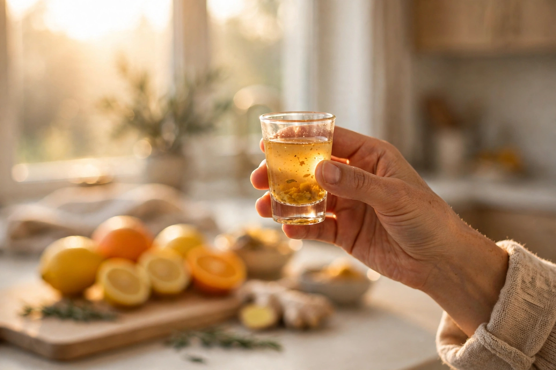 Hand holding an immunity shot in a bright kitchen at sunrise