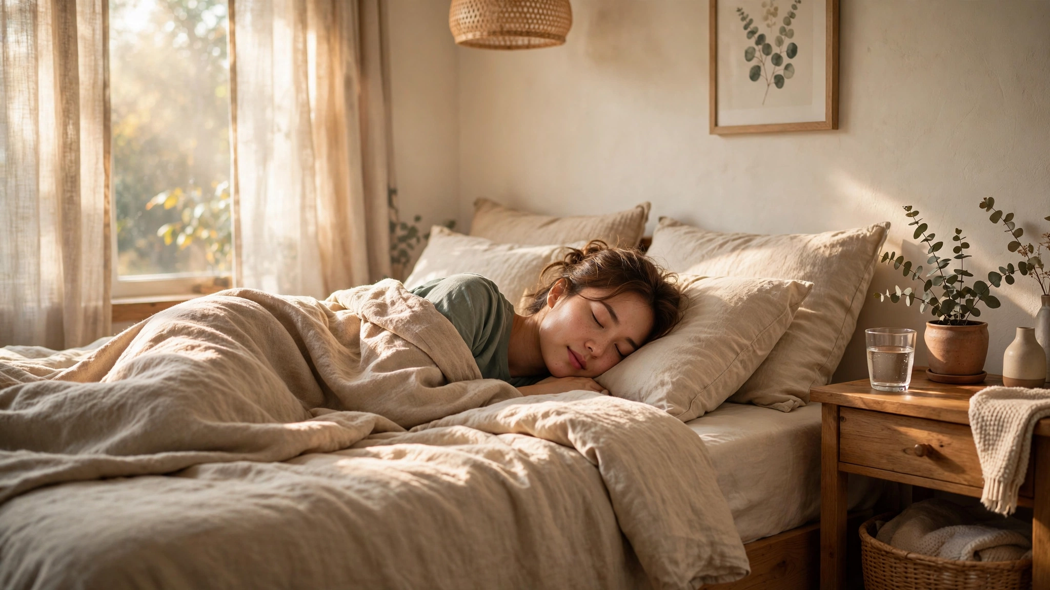 Person sleeping peacefully in sunlit bedroom for immune health