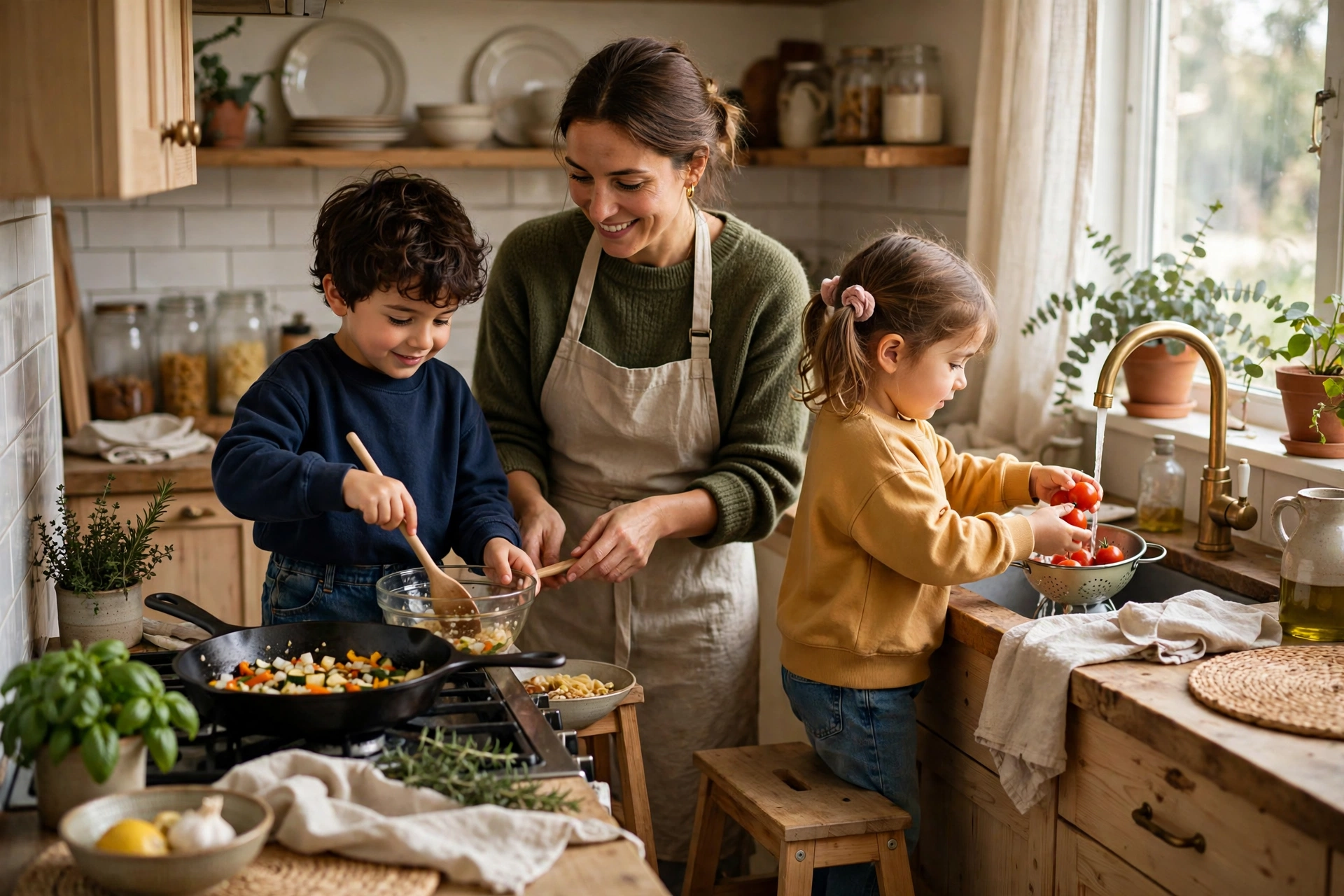 Mother cooking an easy family meal with her two young children in a cozy kitchen