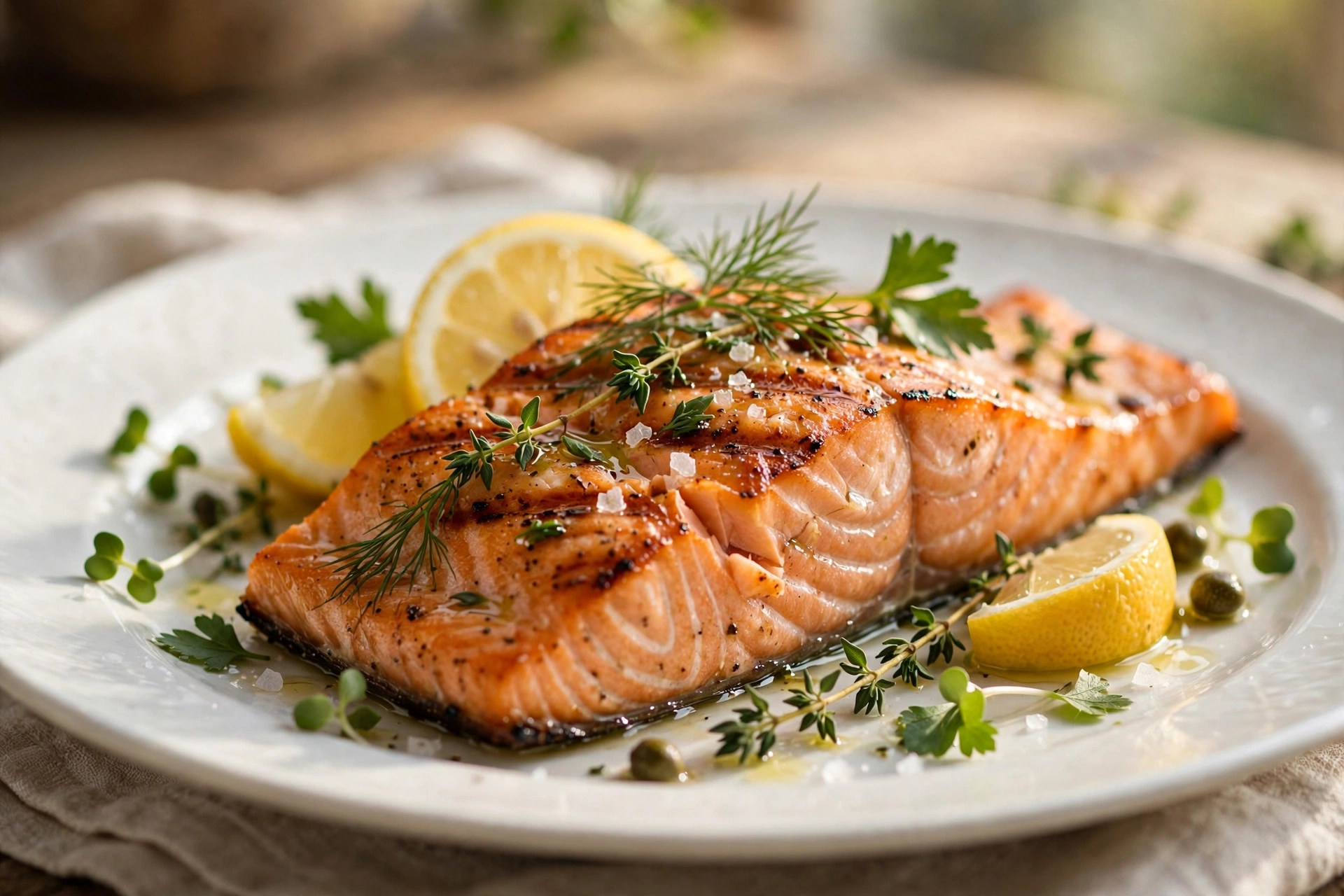 Grilled salmon fillet with lemon and herbs, a top vitamin B12 food