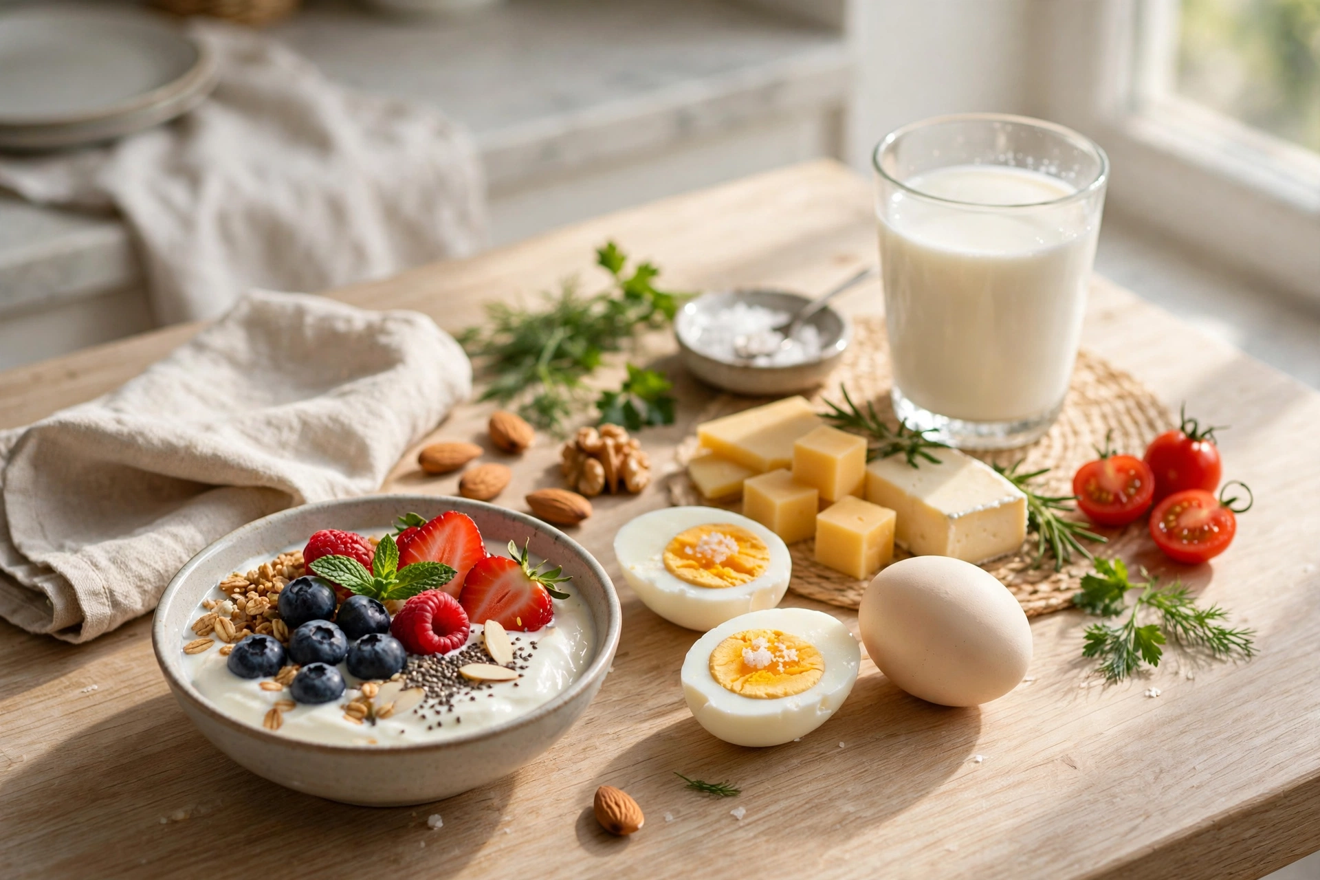 Healthy breakfast with eggs, yogurt, cheese and milk — absorbable vitamin B12 foods