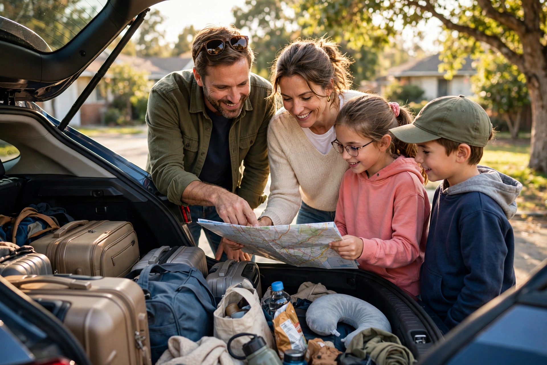 Family packing suitcases into a car for a road trip with kids