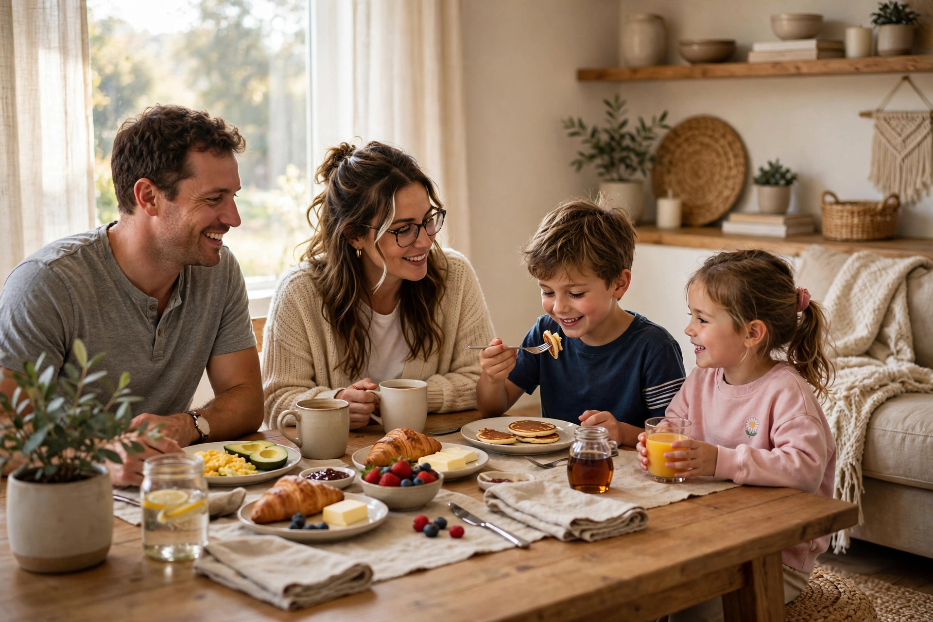 Happy family enjoying breakfast together at home on a relaxed morning