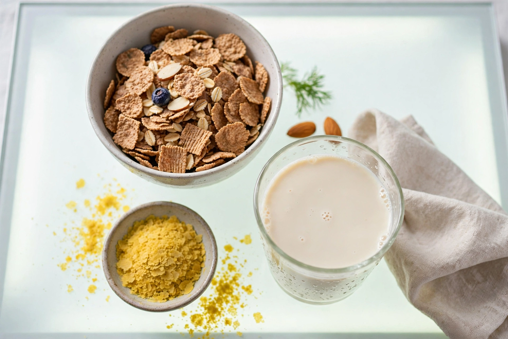 Vegan vitamin B12 sources: fortified cereal, soy milk and nutritional yeast