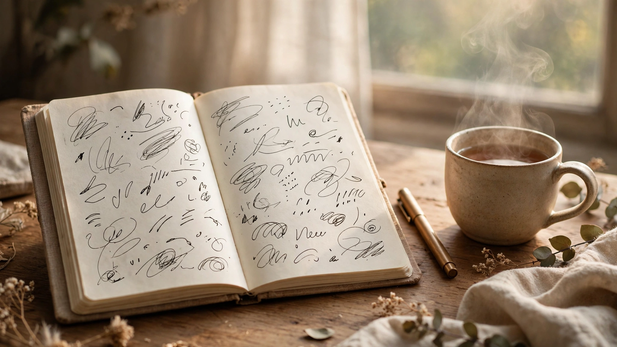Open journal with pen and tea for self-care journaling