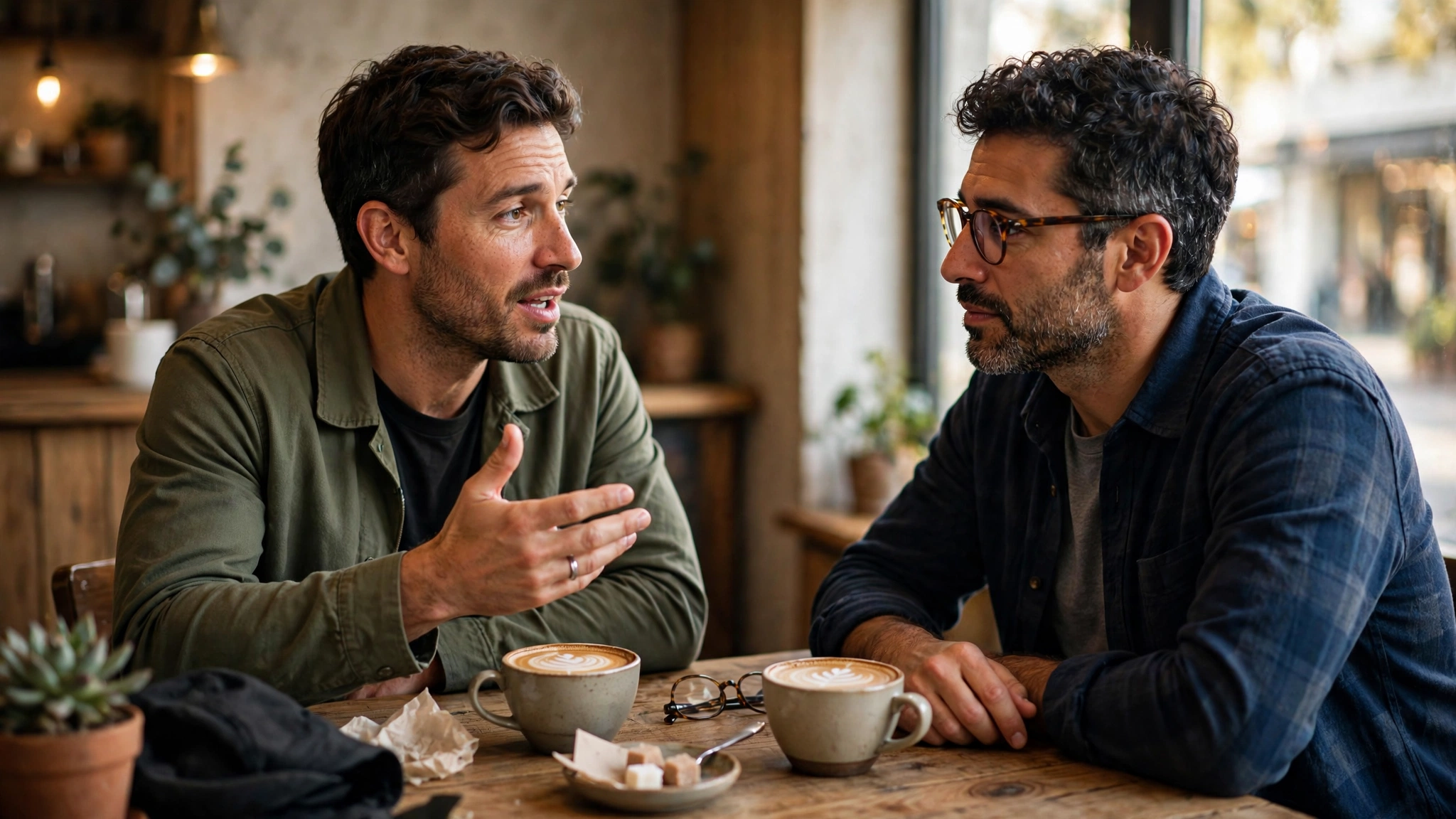 Two friends having a supportive conversation over coffee