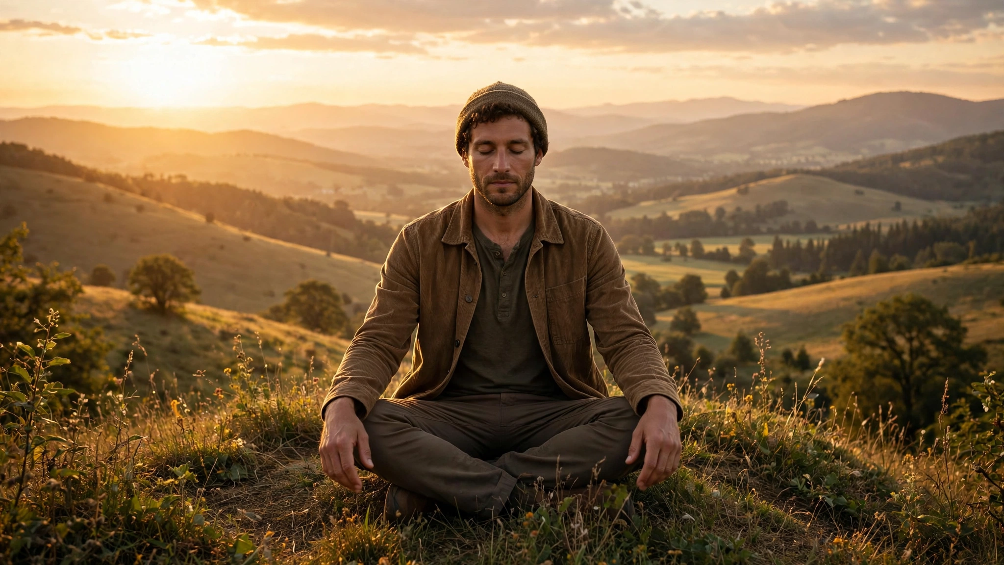 Man walking on a forest path at sunrise, symbolizing hope and healing