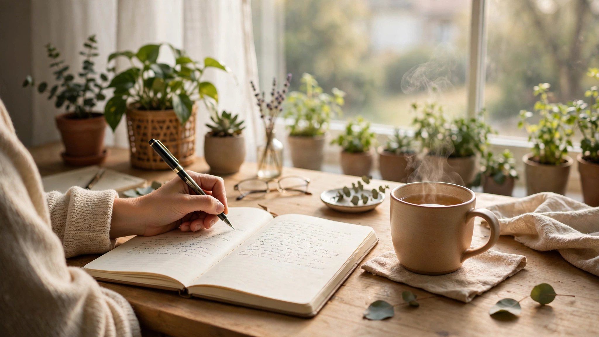 Person journaling by a bright window while building the daily habits behind good mental health