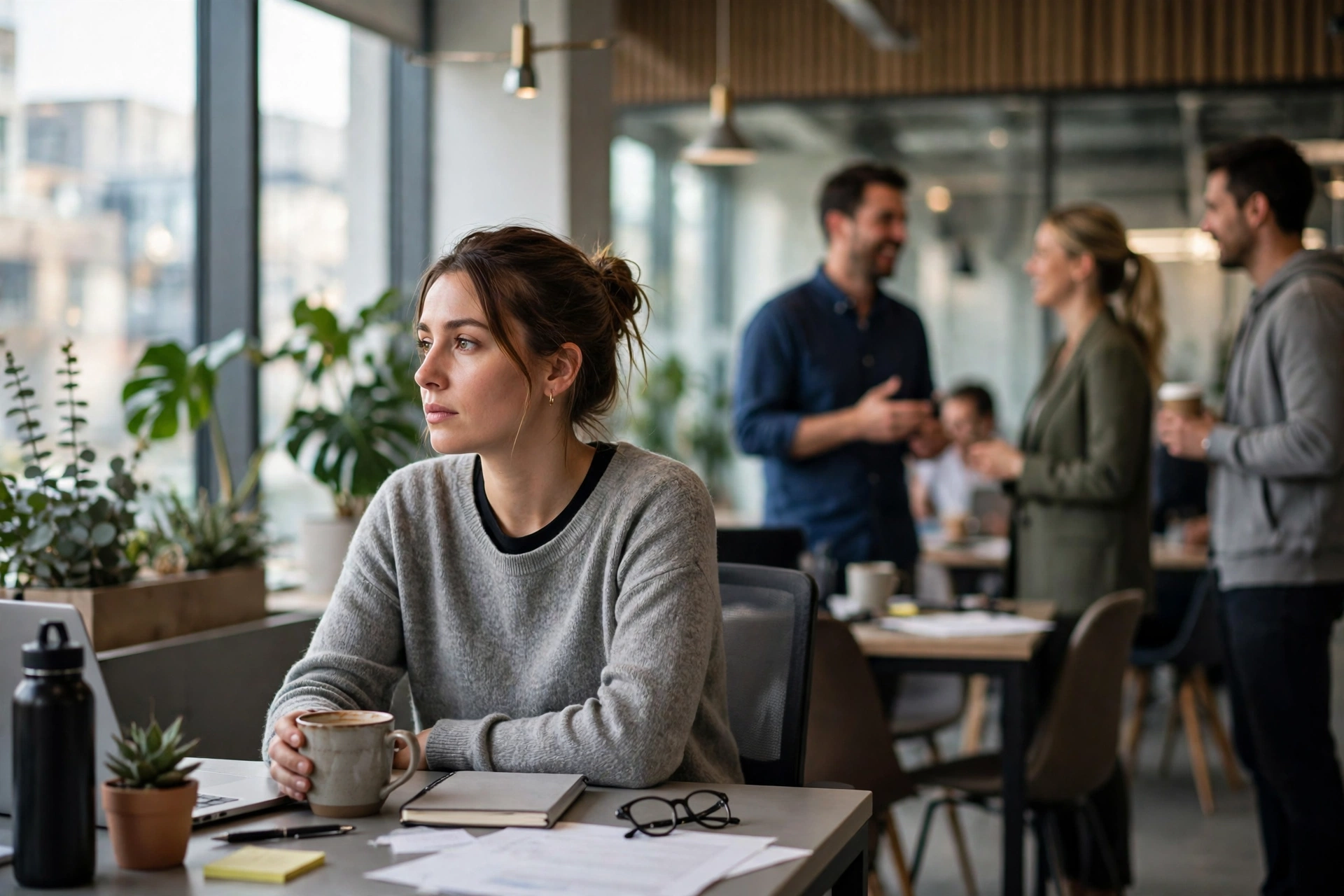 A worker sitting apart from colleagues, showing how stigma around mental health can isolate people at work