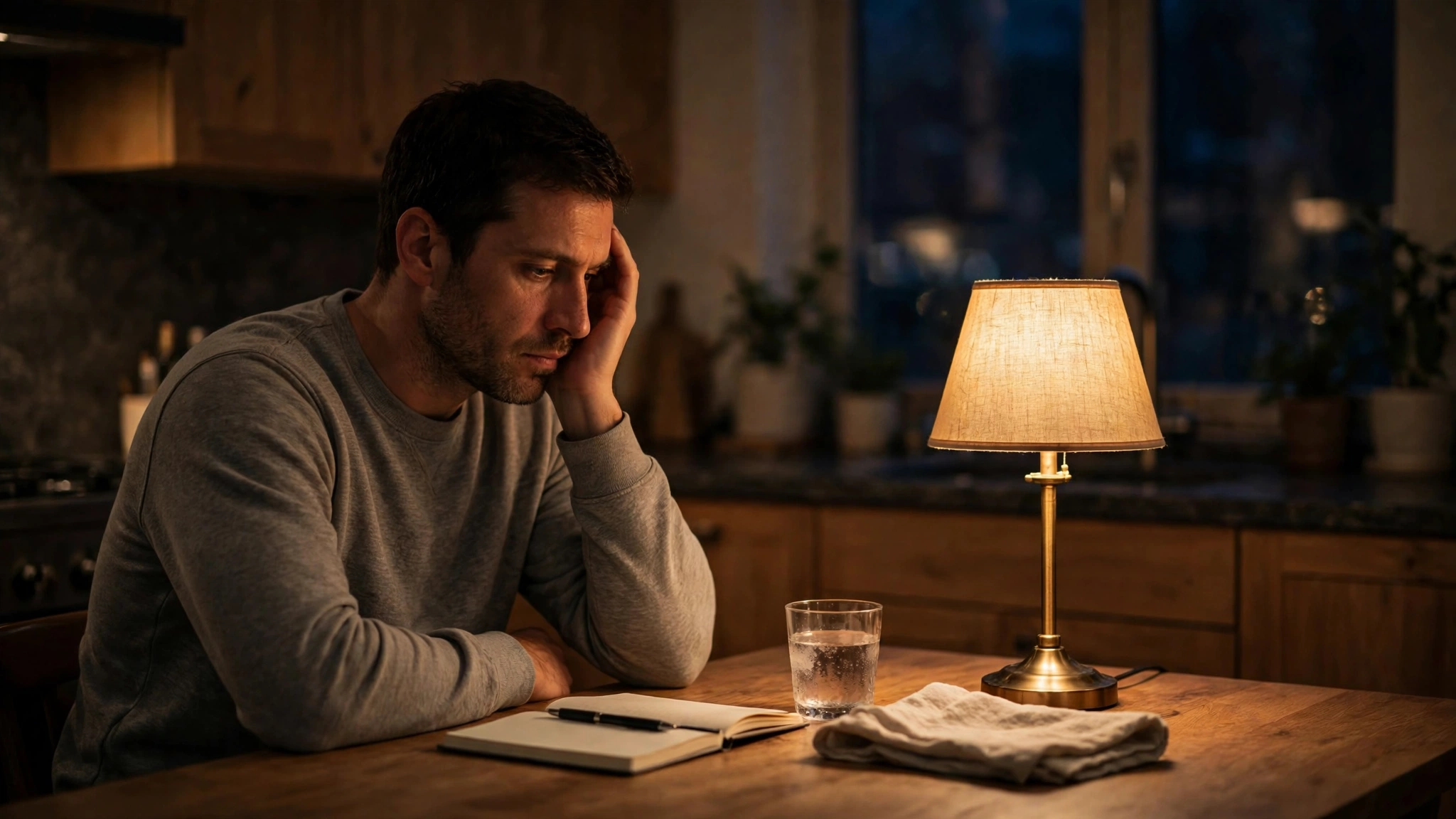 Man sitting alone at a kitchen table at night, deep in thought