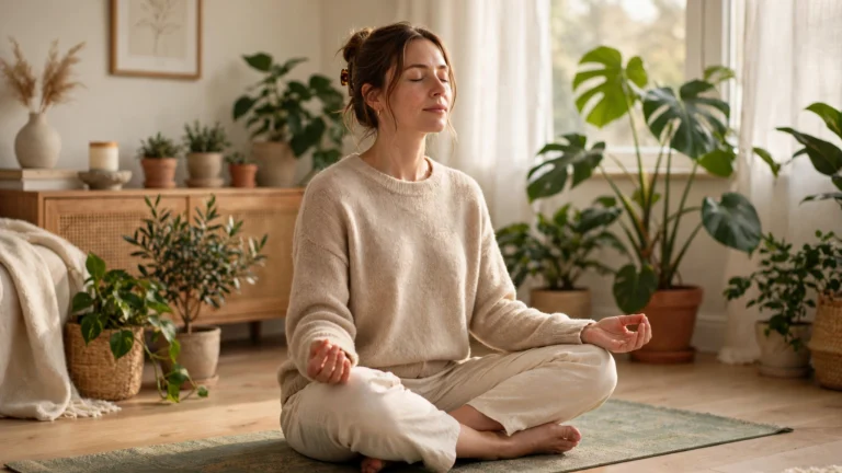 Woman meditating peacefully on a yoga mat in a bright living room