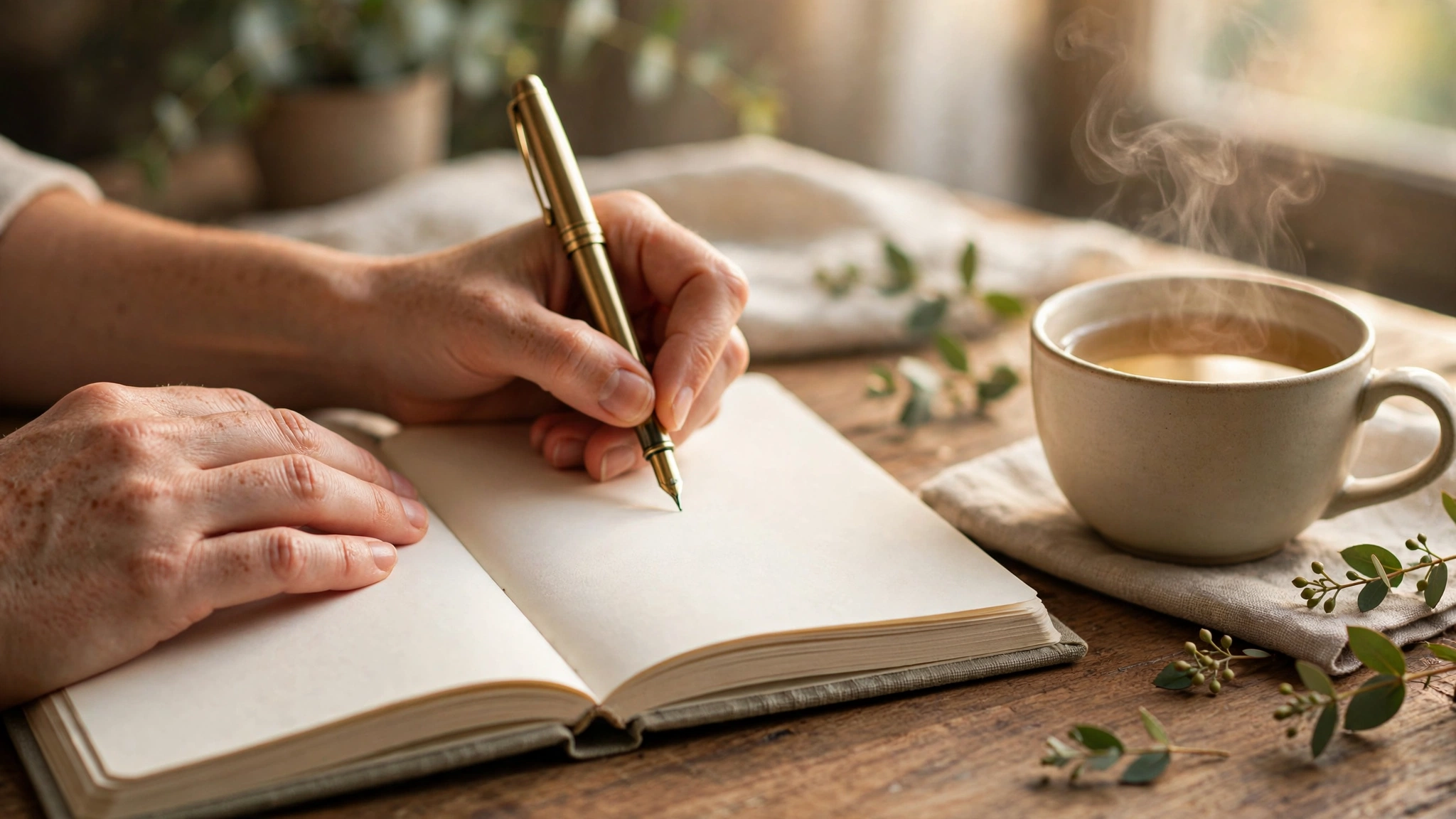 Hands writing in an open journal beside a cup of tea
