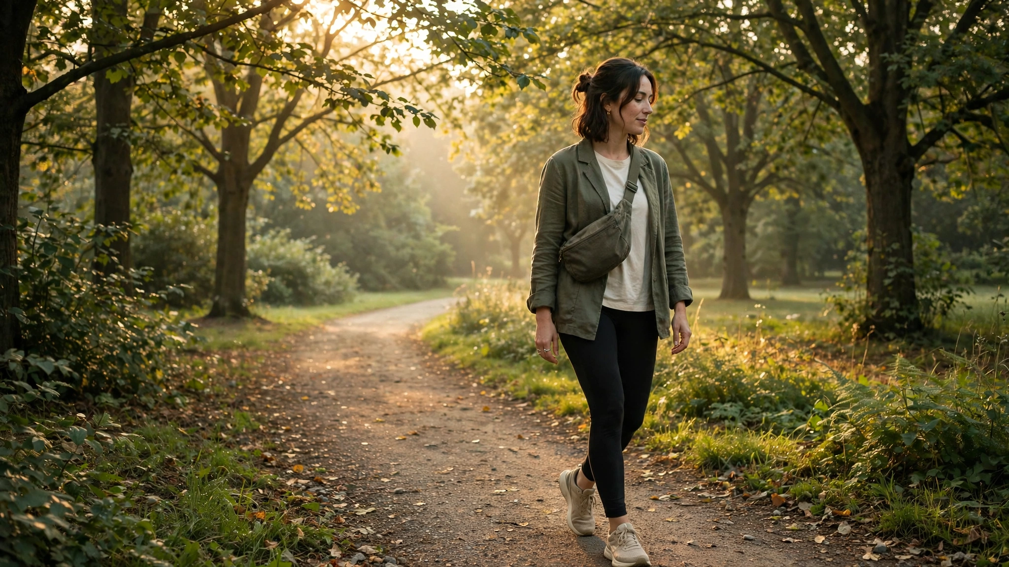 Person walking mindfully along a tree-lined park path in golden light