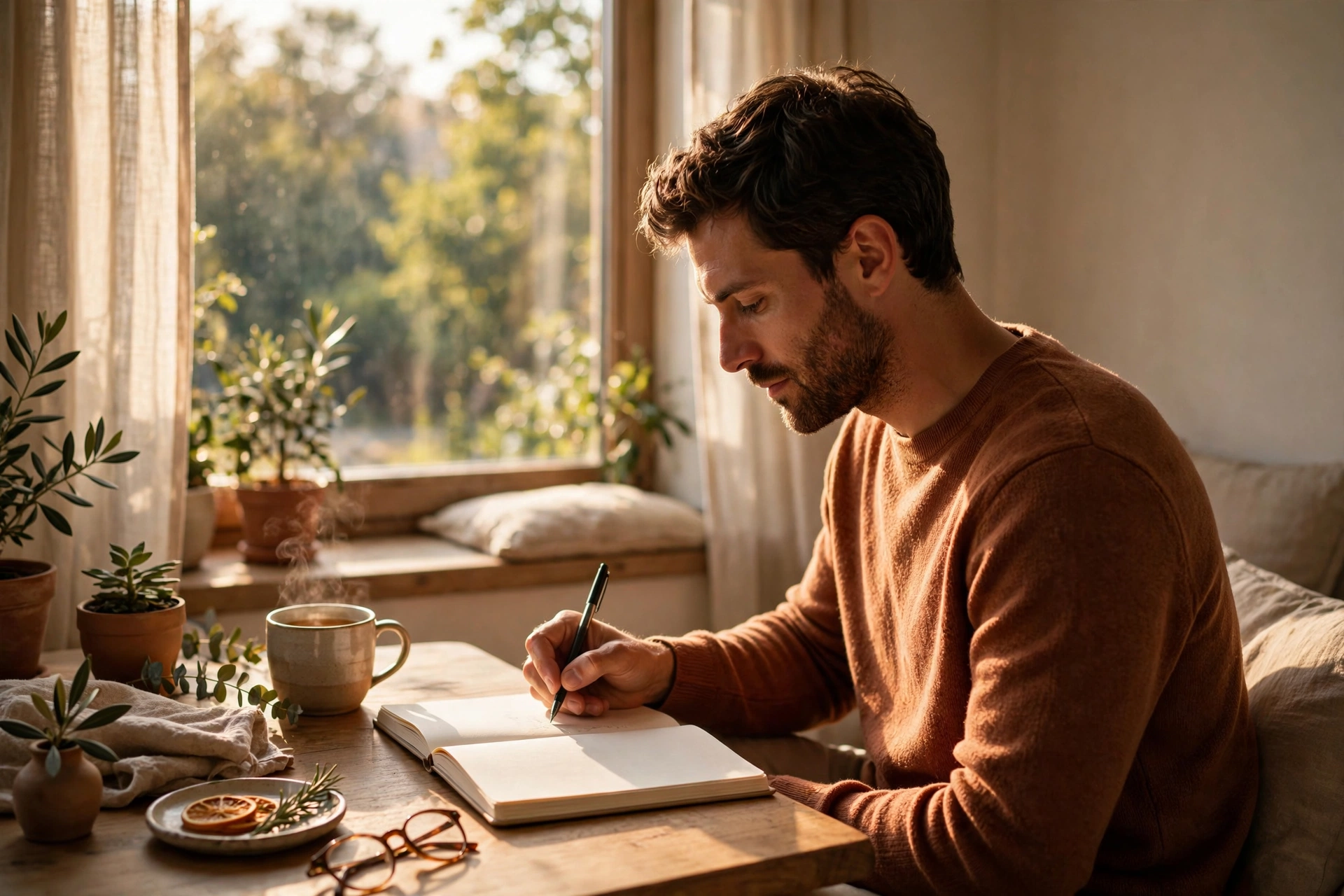 A person journaling by a sunlit window, reflecting on living with mental health stigma