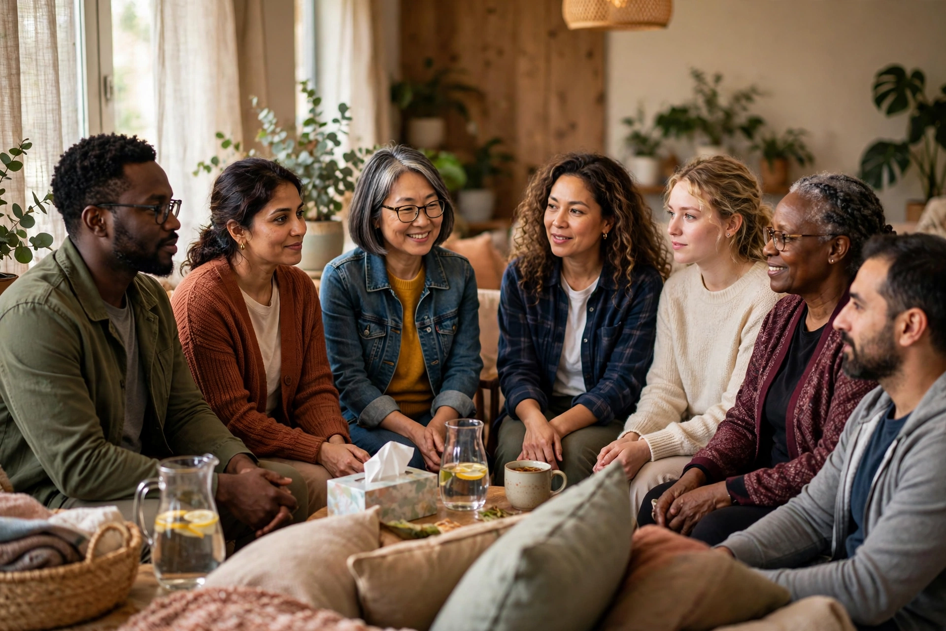 A diverse support group sharing experiences in a circle, where openness replaces shame and stigma