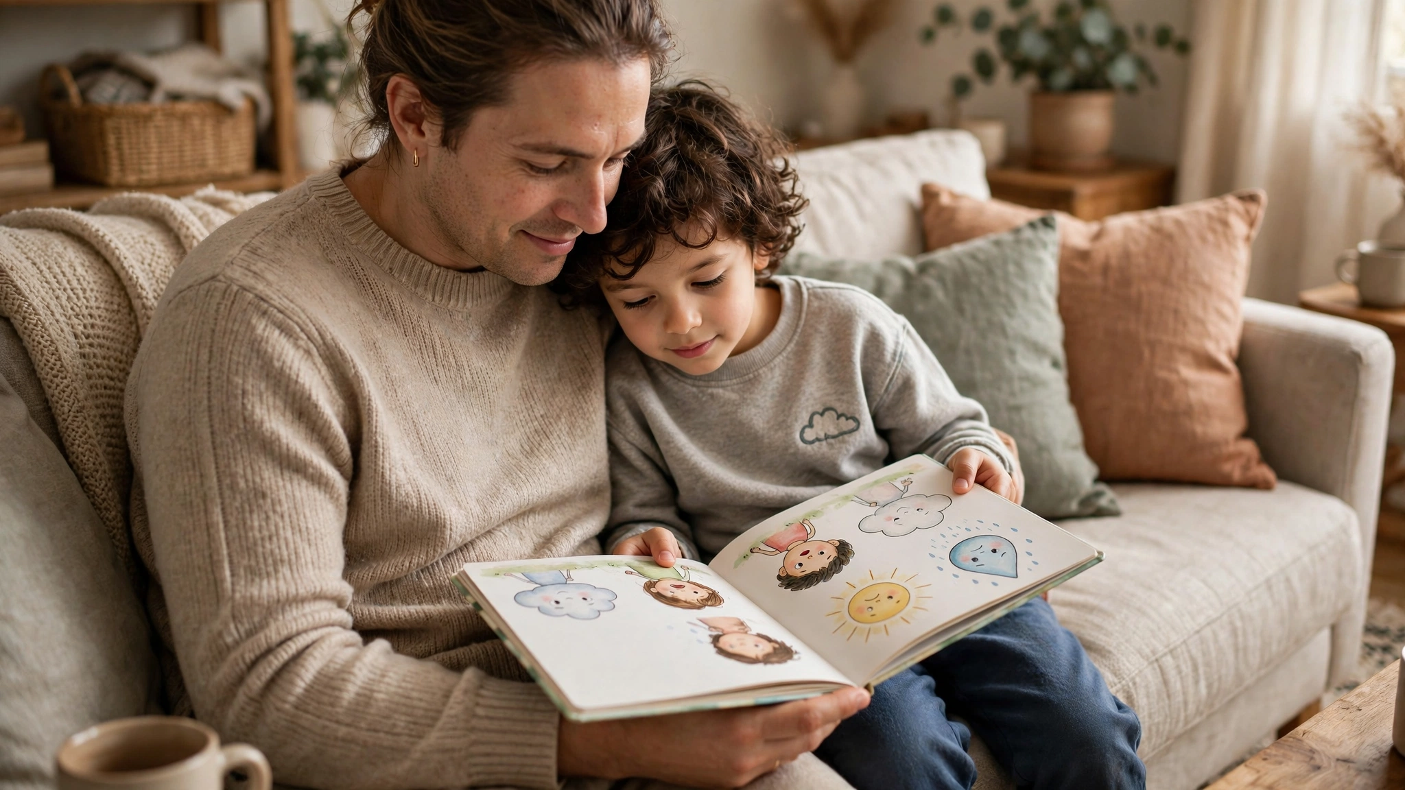 A parent talking with a child about feelings during a quiet moment at home