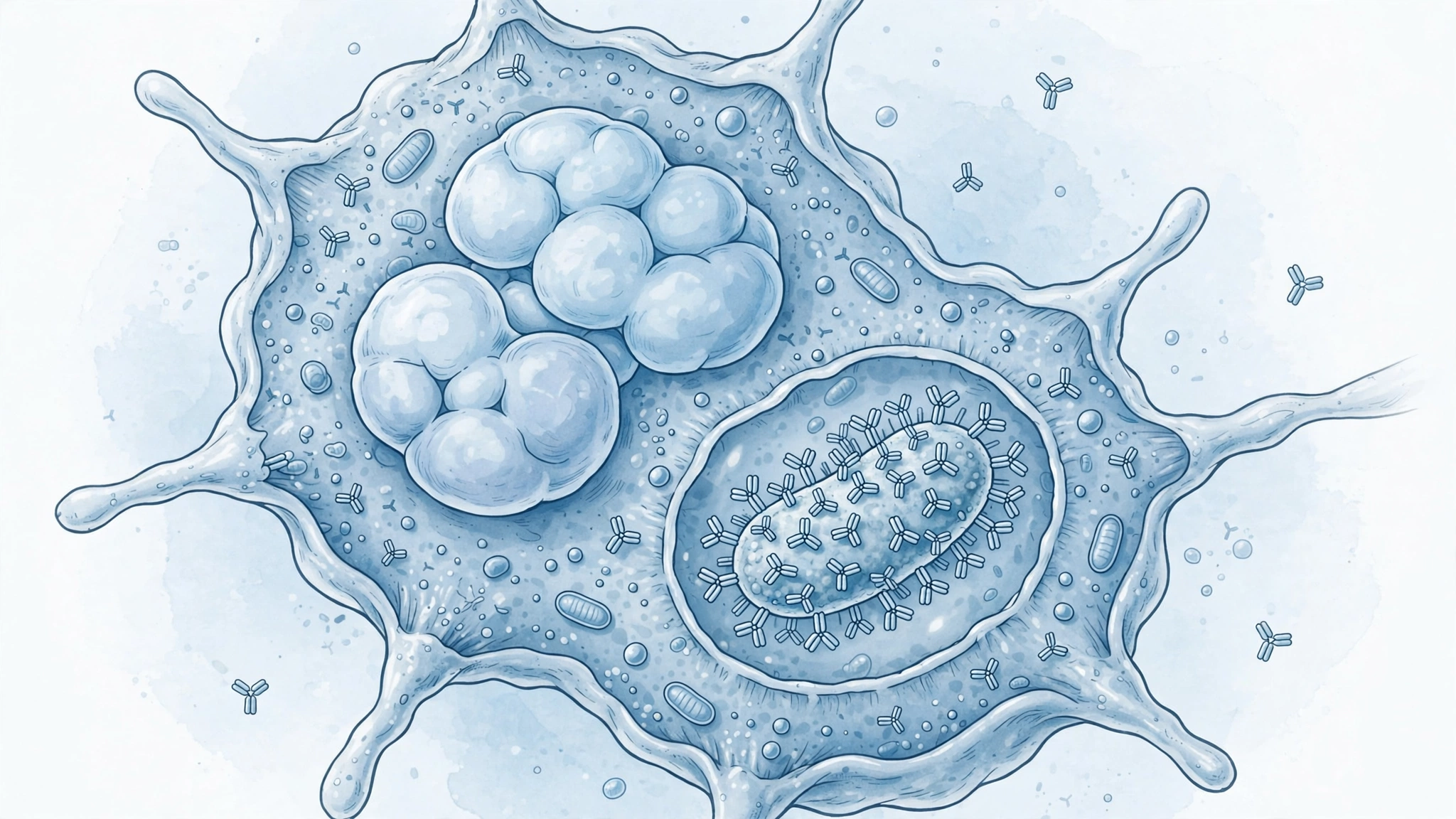 A phagocyte swallowing a bacterium tagged by antibodies