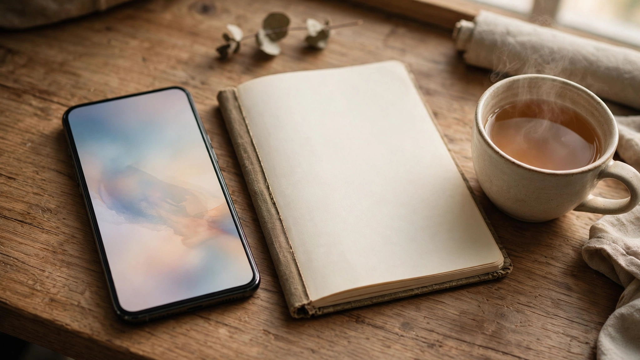Phone on a desk showing a saved uplifting quote as its wallpaper