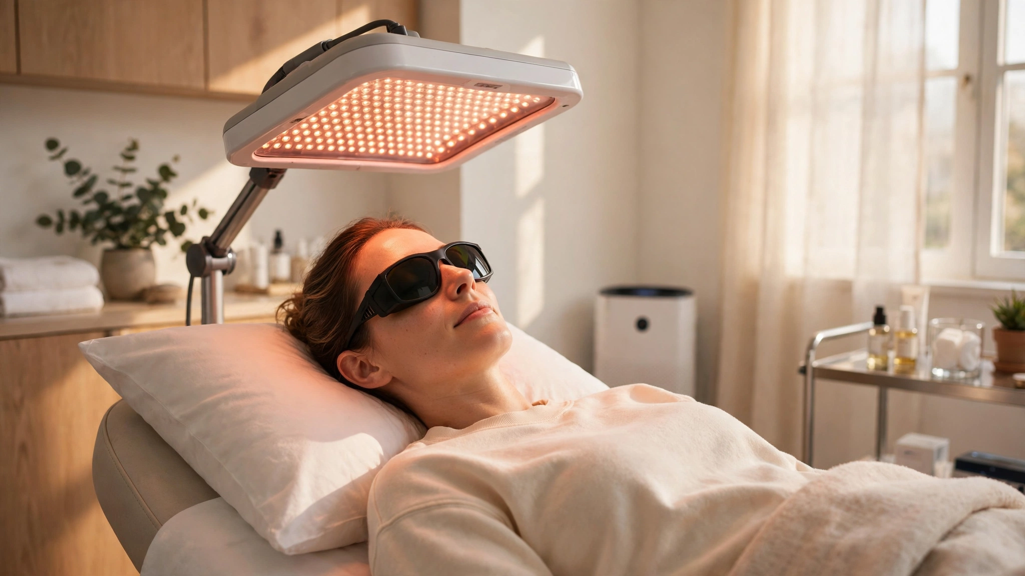 A person wearing protective goggles during a light session in a bright clinic room
