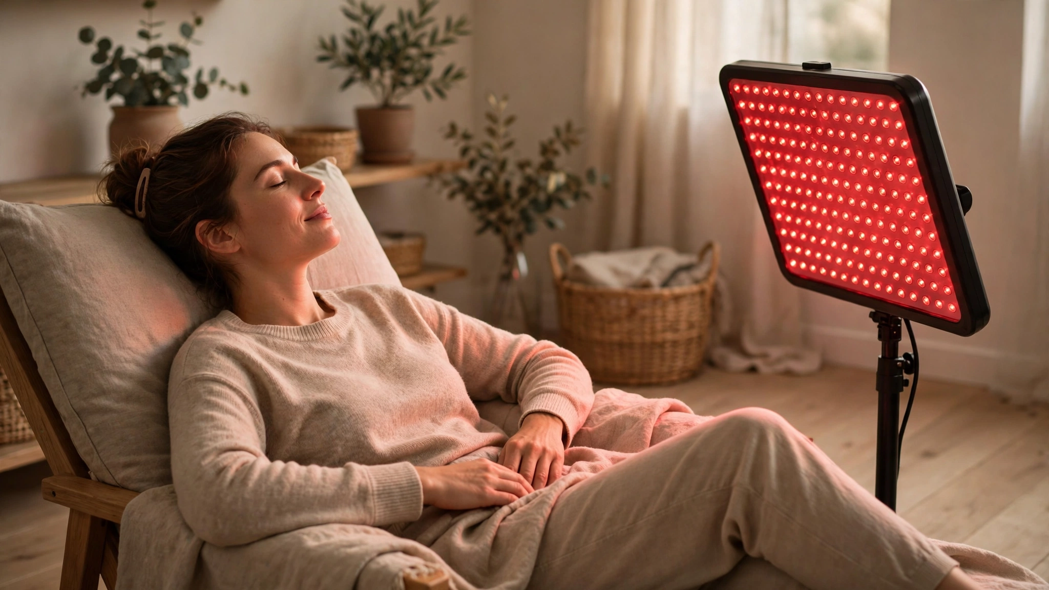 A person relaxing in a calm room during a red light therapy session with a soft red glow