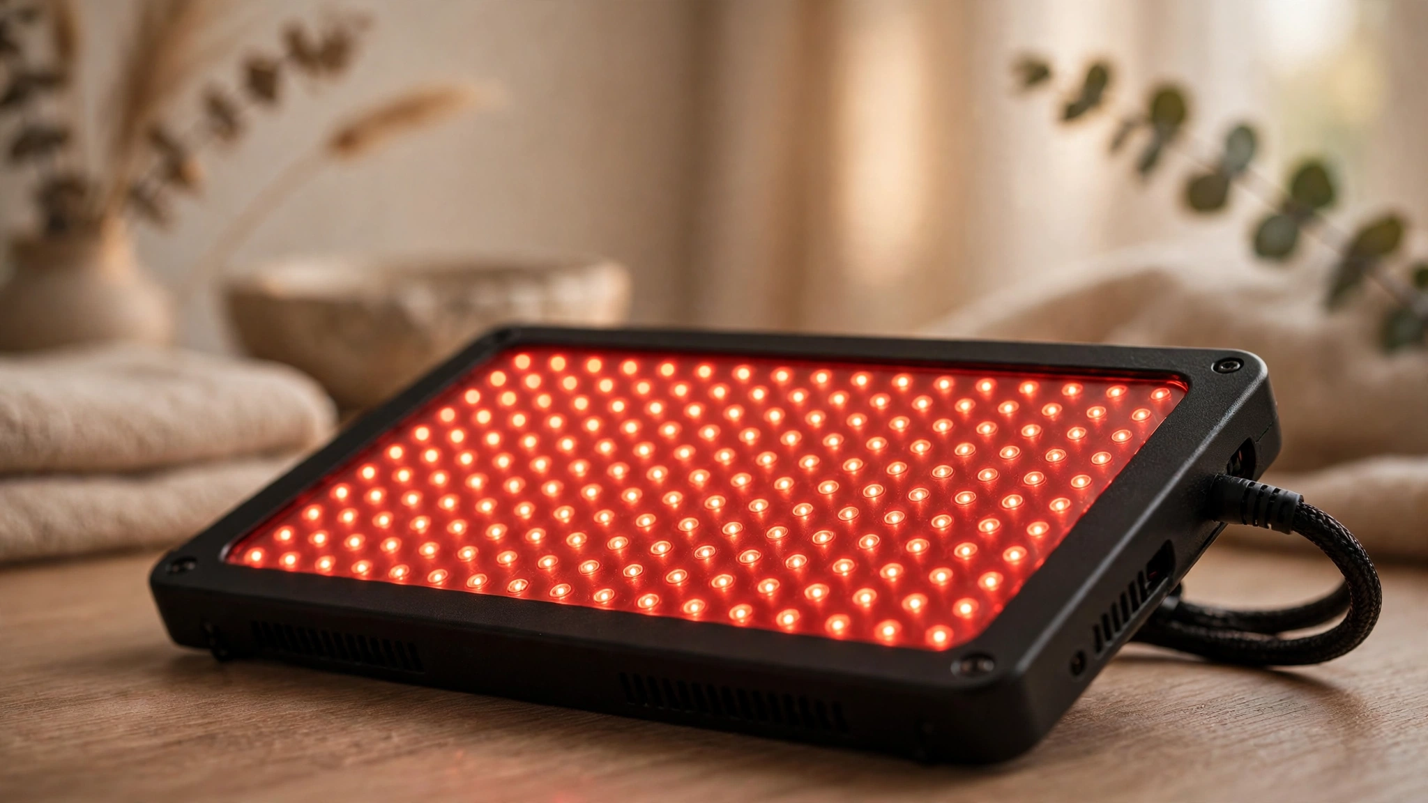 A red light therapy panel glowing softly in a calm treatment room