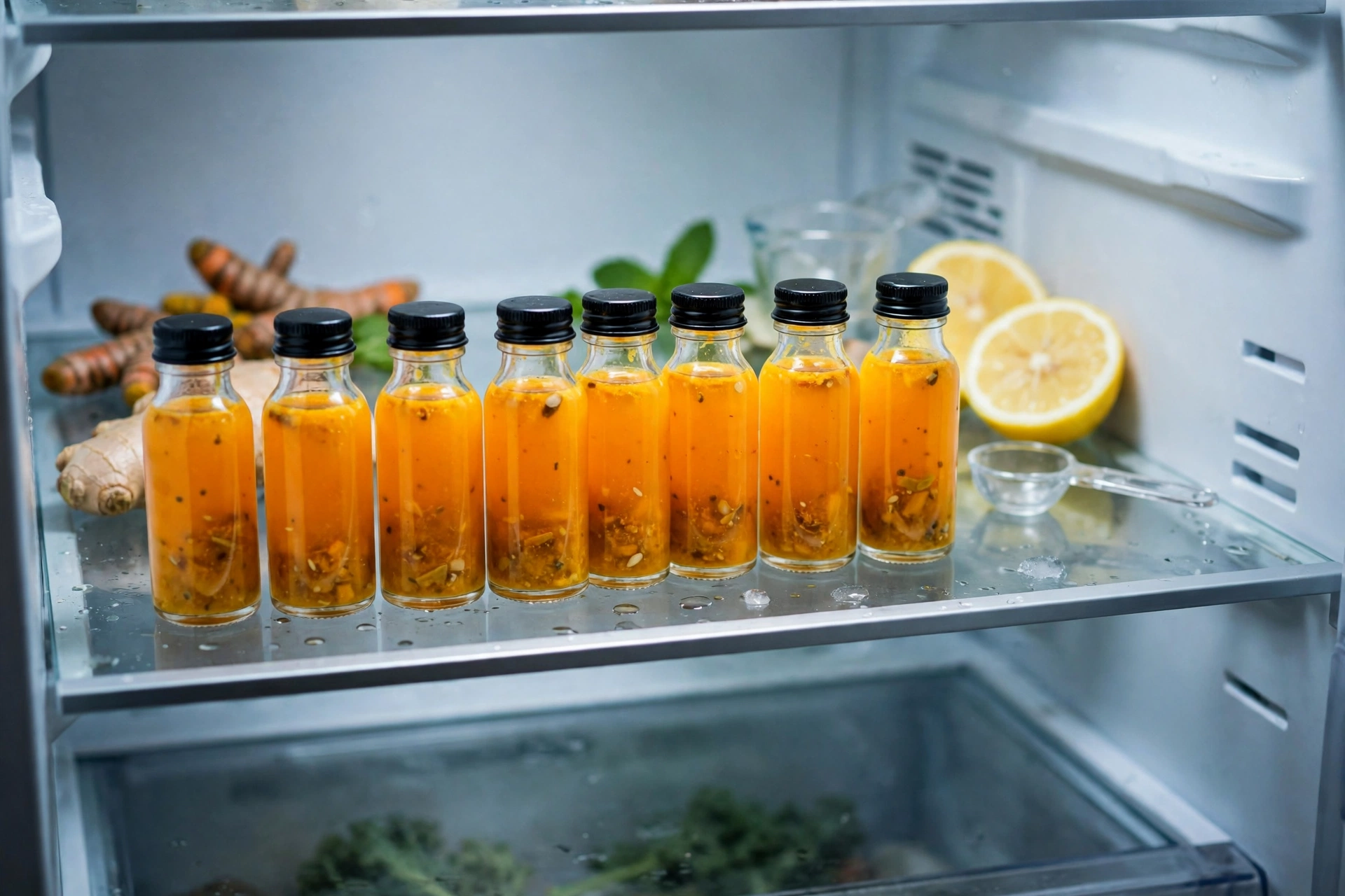 Homemade shots stored in small glass bottles in the fridge