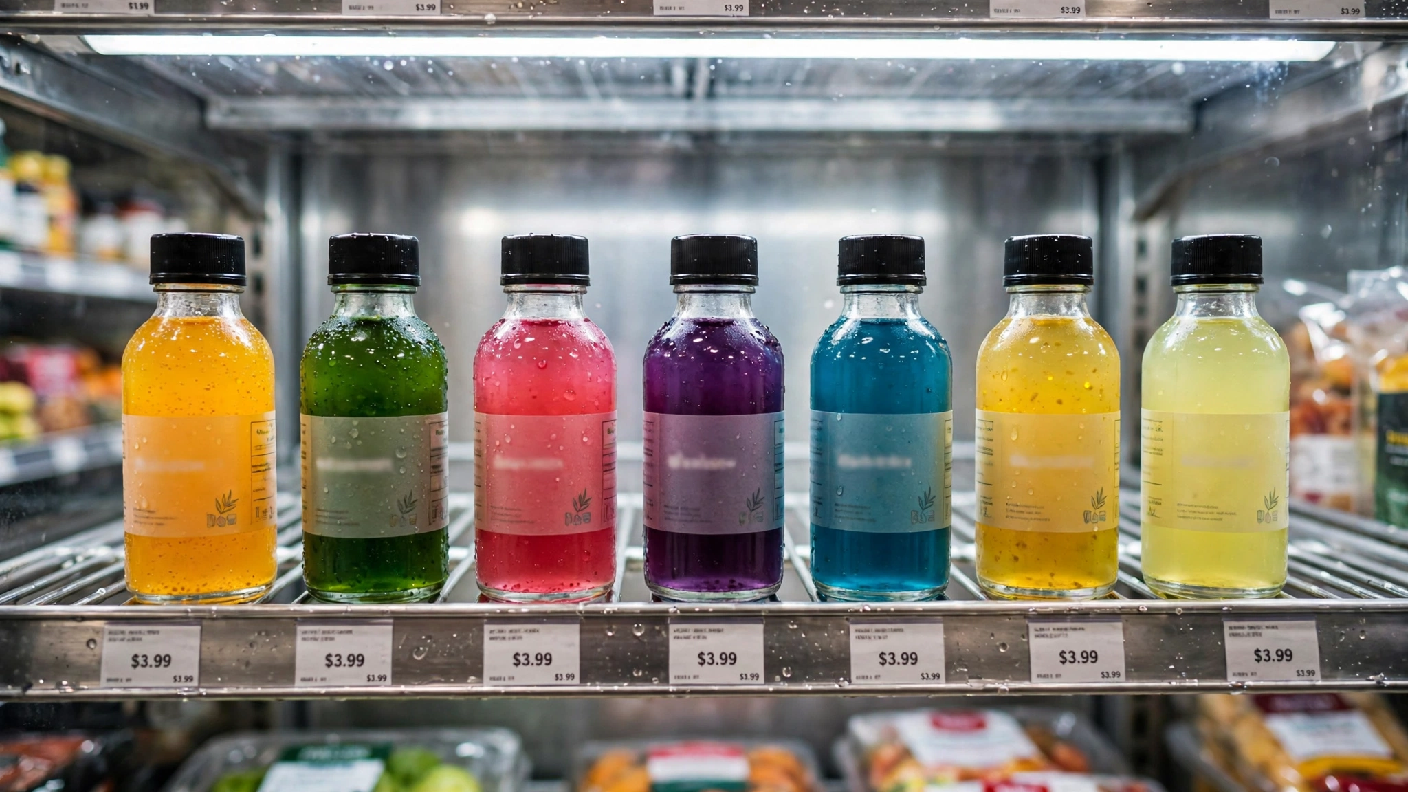 Bottled wellness shots on a grocery store shelf
