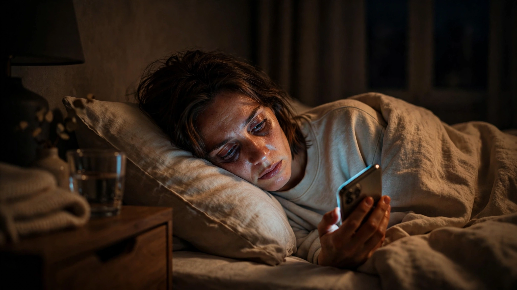 Person scrolling on a phone in bed at night, lit by screen glow