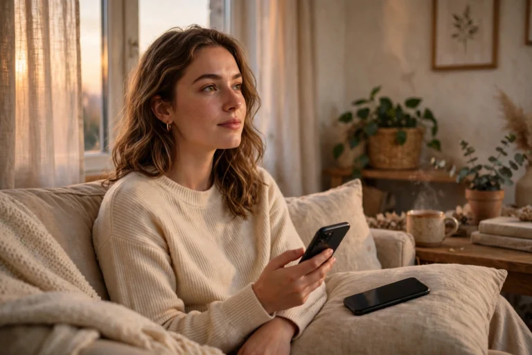 Woman sitting with smartphone, calm and thoughtful about her screen time