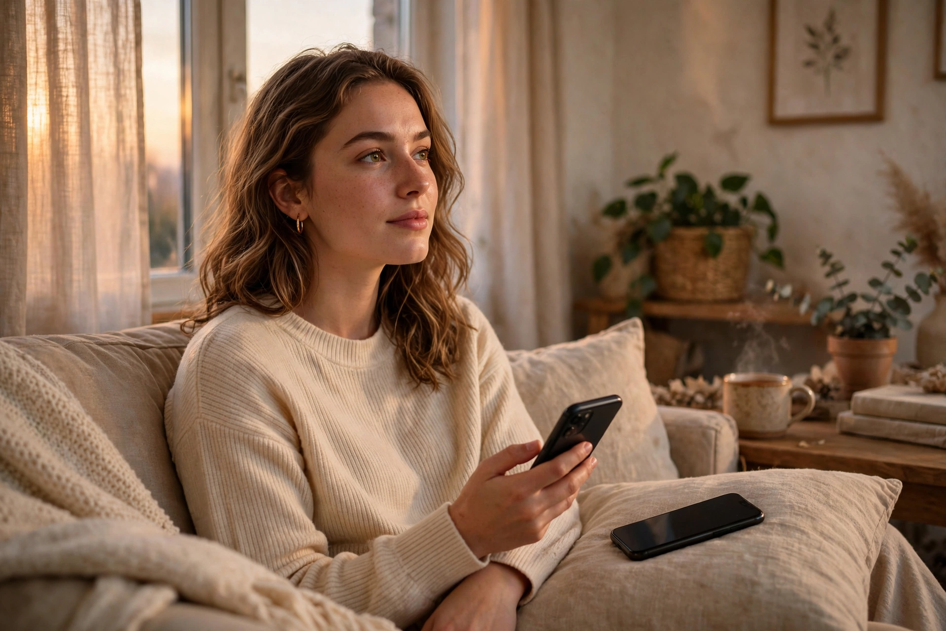 Woman sitting with smartphone, calm and thoughtful about her screen time