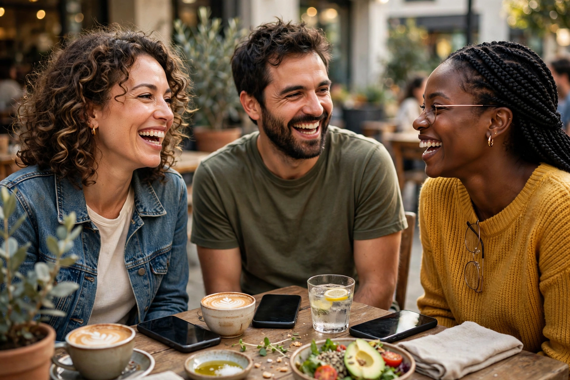 Friends laughing together at a cafe with phones put away