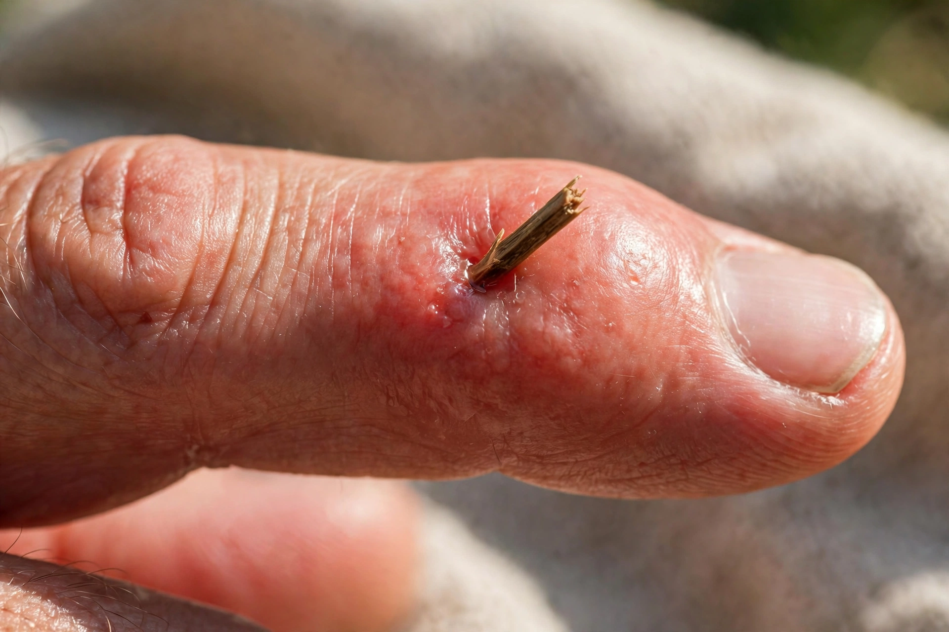 Redness and swelling around a splinter, visible signs of inflammation at work