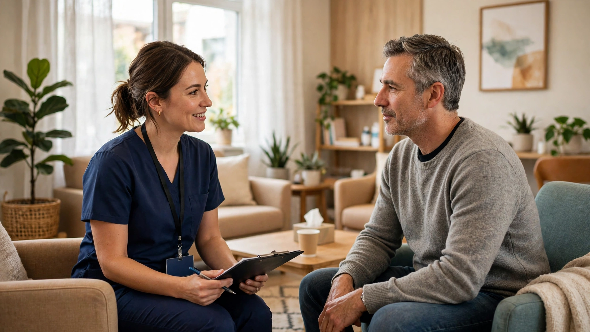 Mental health technician supporting a patient during a daily check-in at a care facility