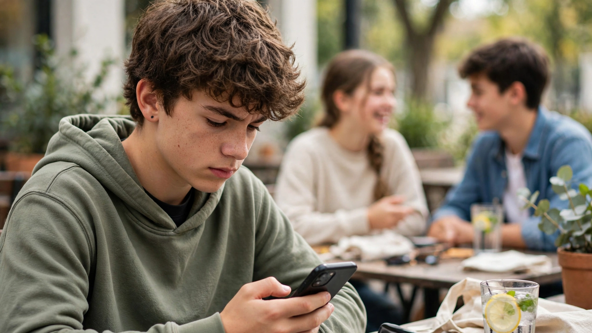 Teenager looking at a phone with friends nearby, a reminder of why these effects hit hardest in the teen years