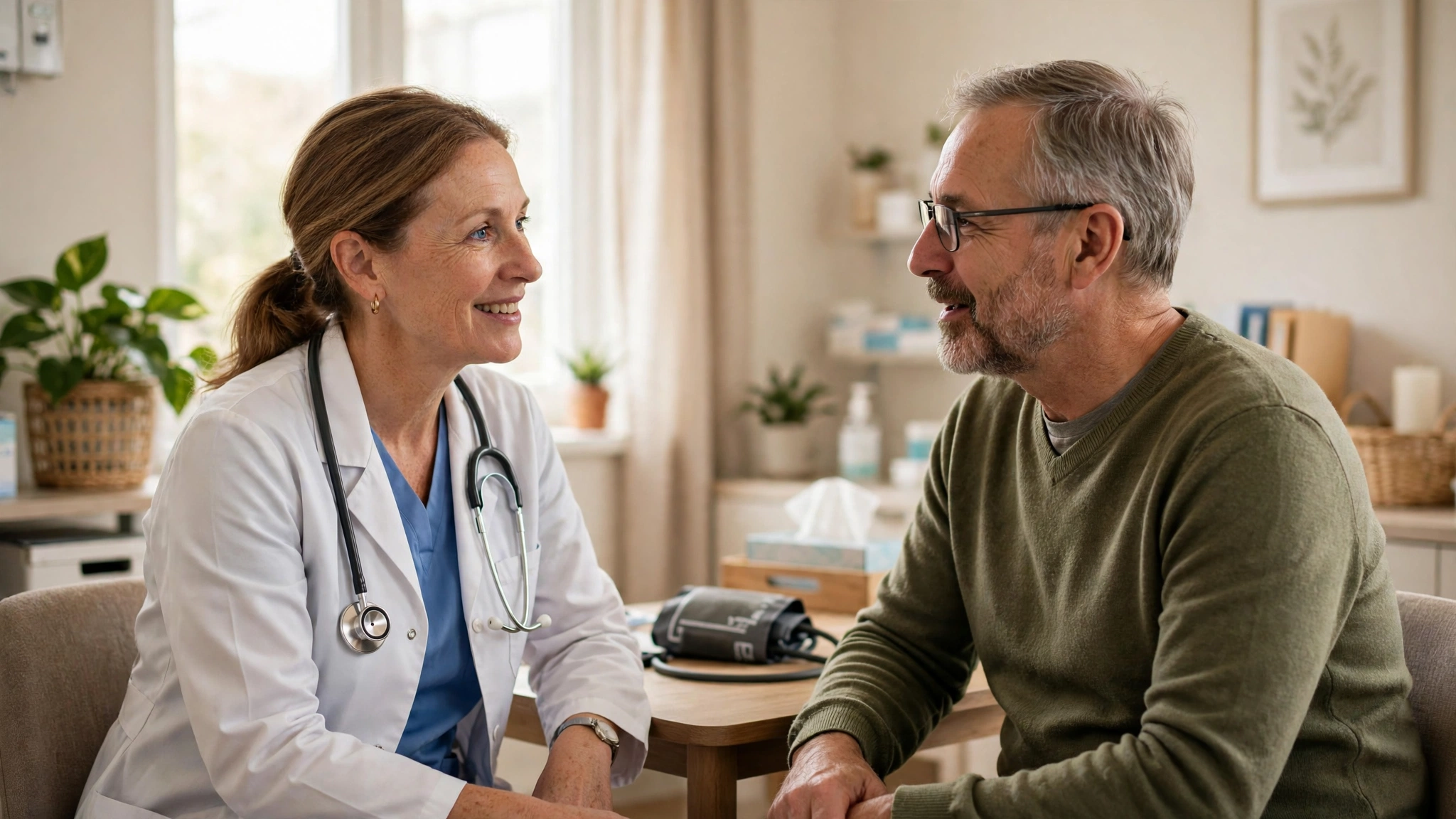 A doctor and patient talking together during a calm consultation in a clinic room