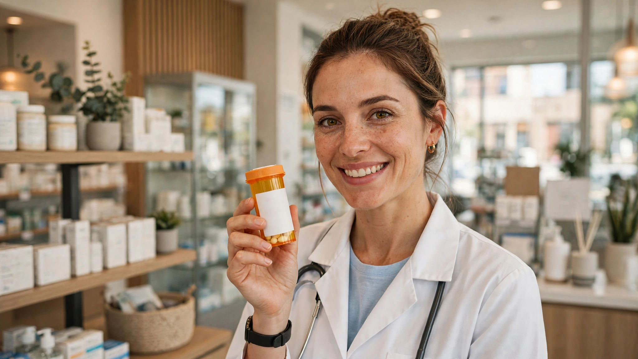 A pharmacist holding a prescription medicine bottle in a bright pharmacy, illustrating valacyclovir safety information