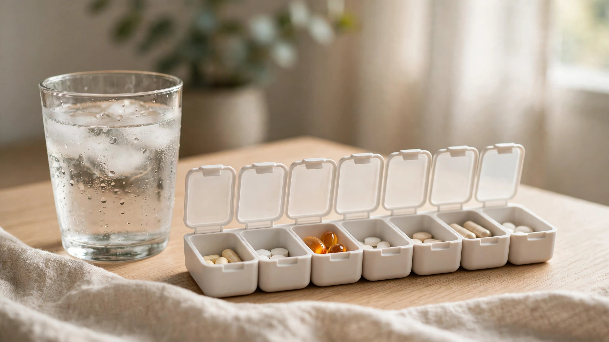 A glass of water and a weekly pill organizer on a clean table in soft daylight