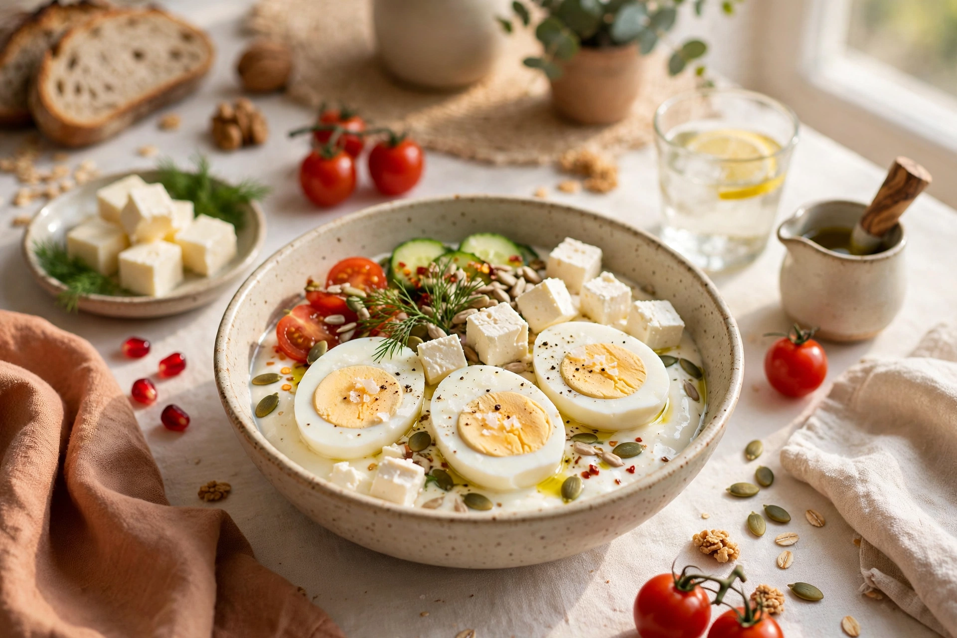 A vegetarian breakfast bowl with yogurt, eggs, and cheese for daily B12 intake