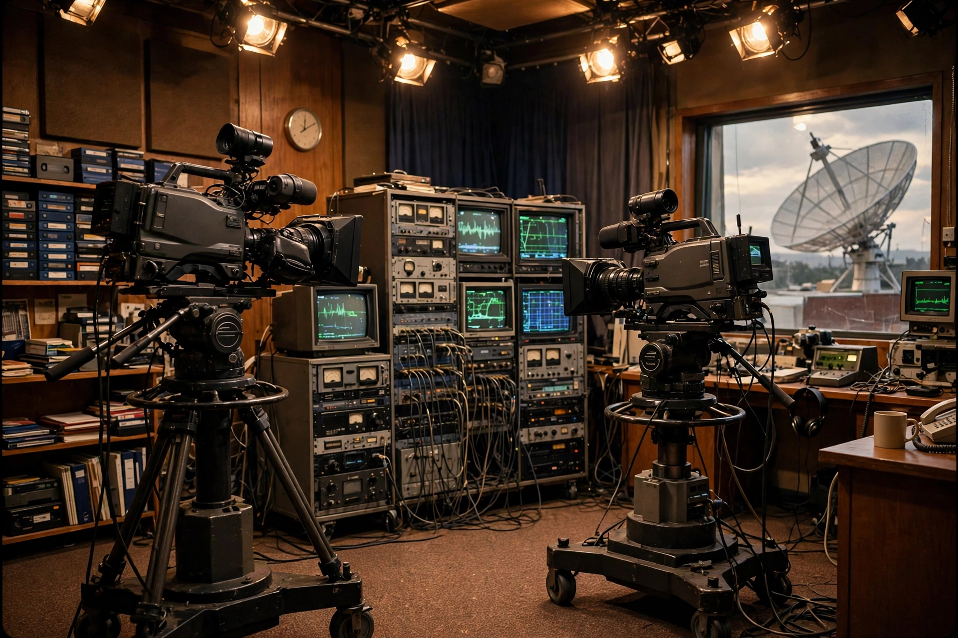 An early satellite broadcast studio, where the first mental health day telecasts began